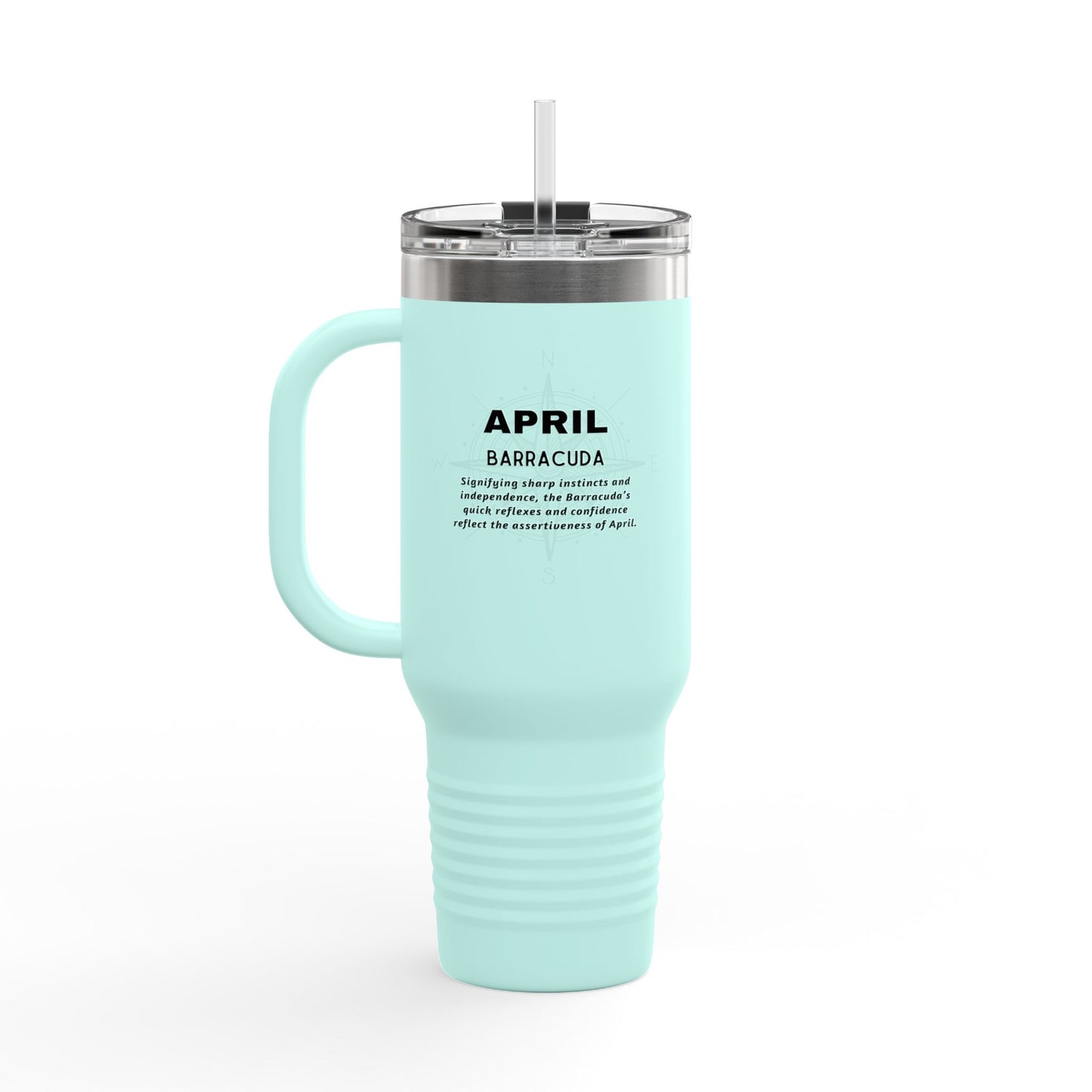April birth month travel mug in light blue with handle and clear lid