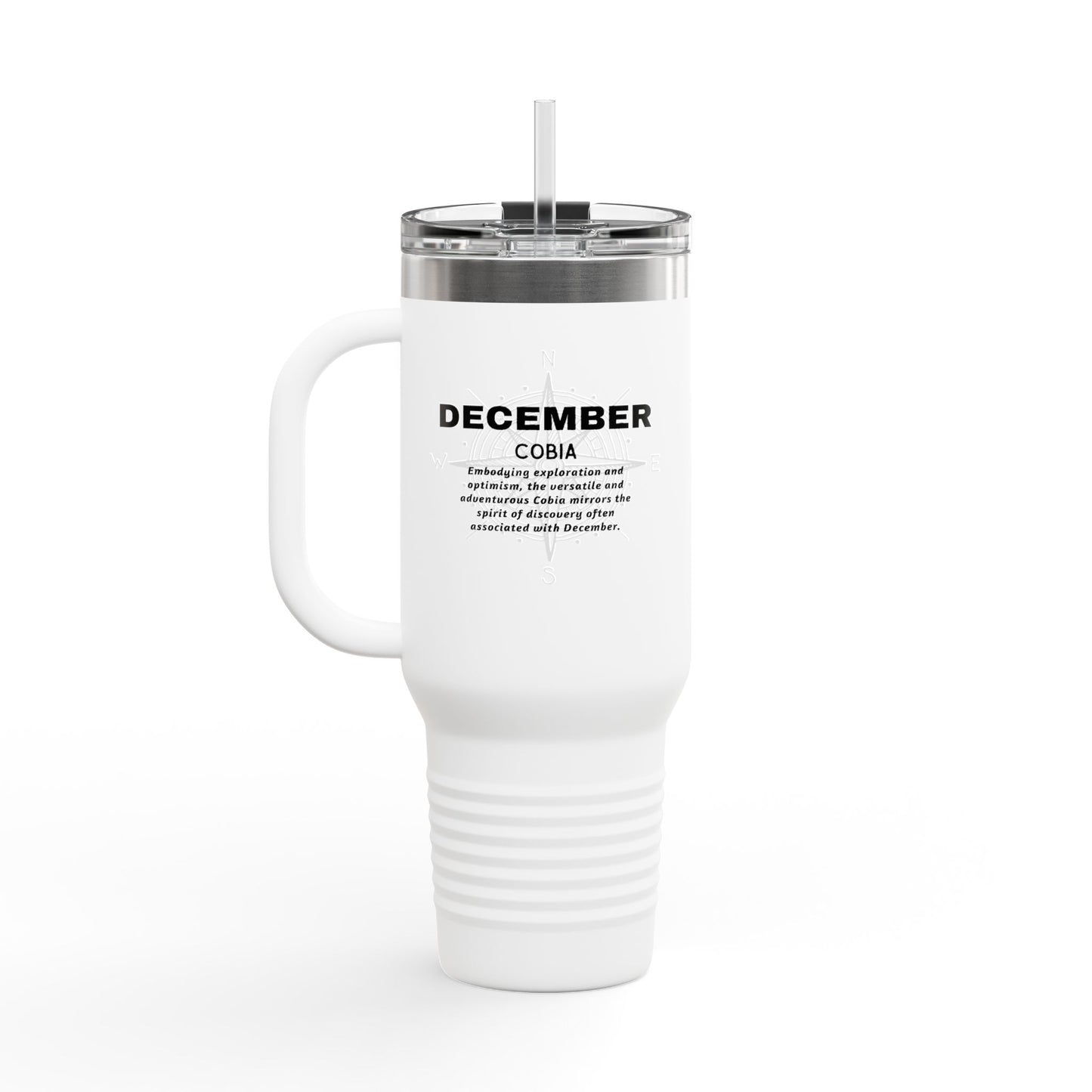 White December birth month travel mug with clear lid and handle