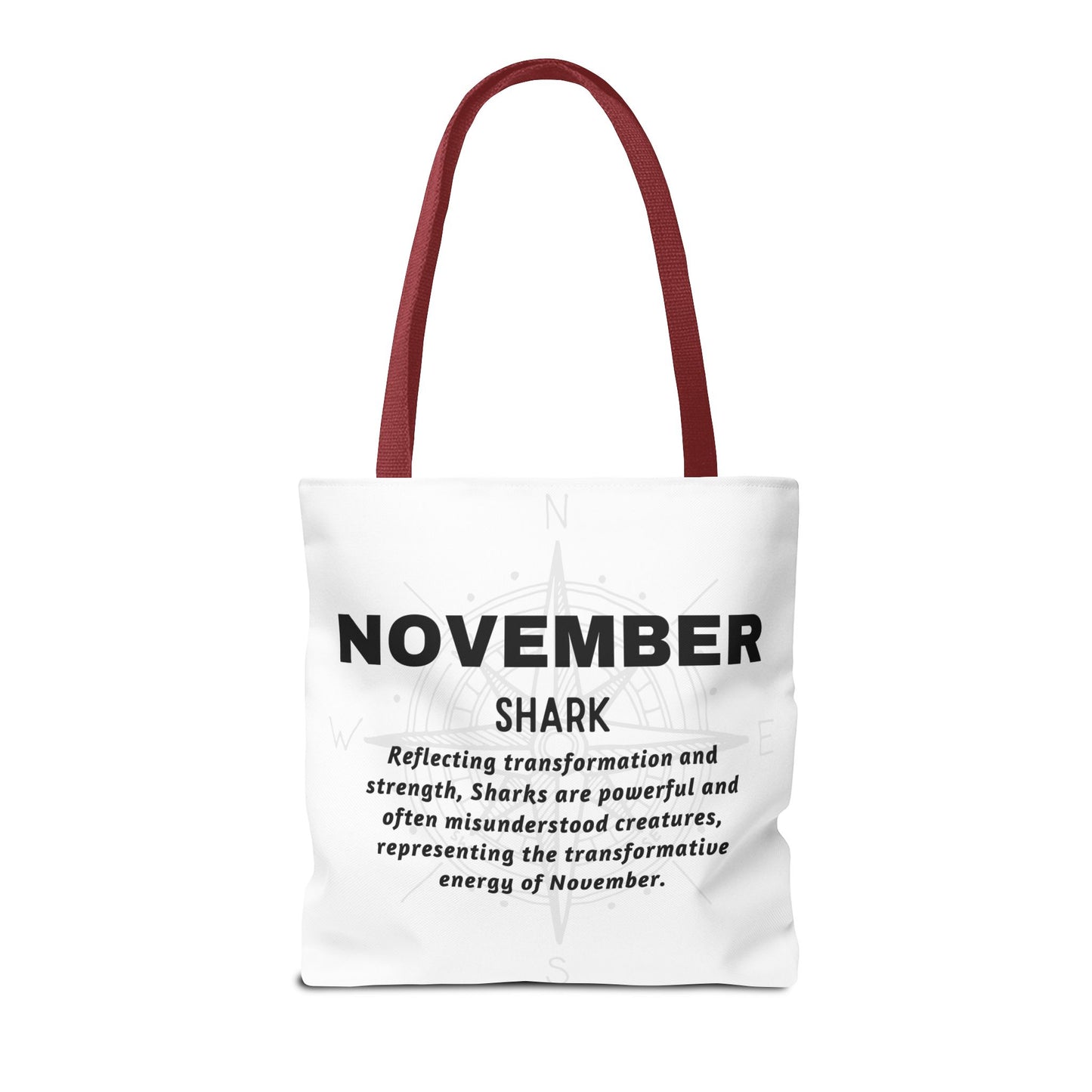 November birth month beach tote with shark design and inspirational text in black and white