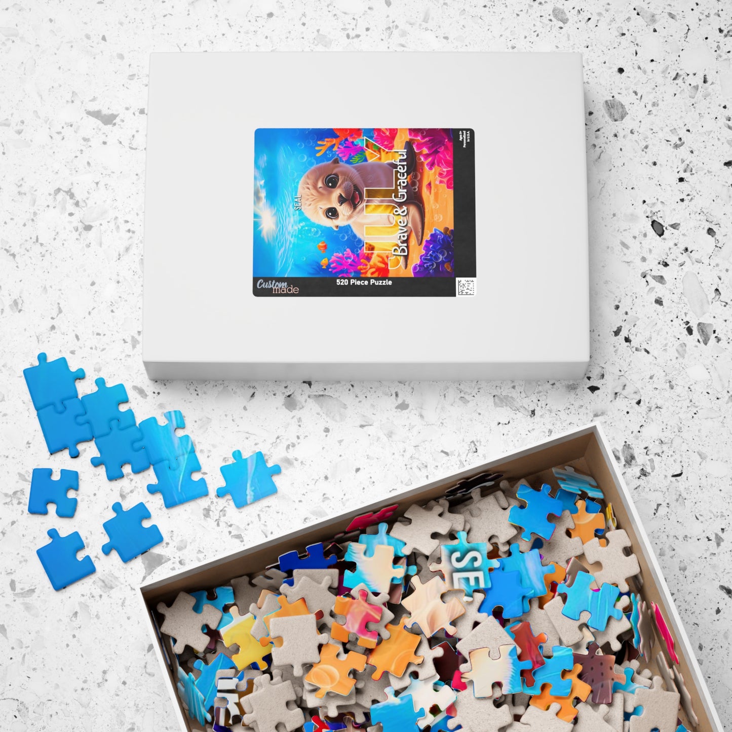 Kids birth month puzzle with colorful sea life design and scattered puzzle pieces