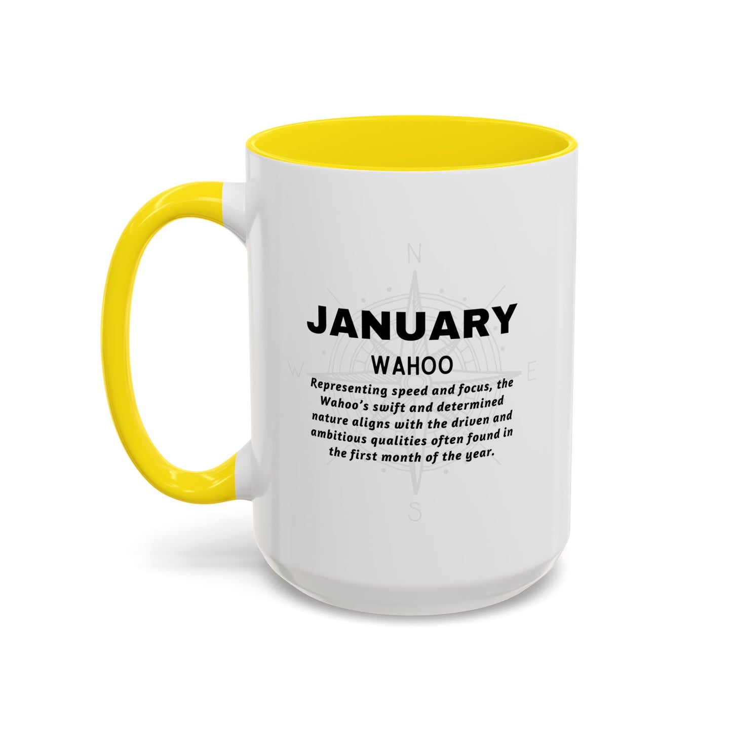 January Wahoo white coffee mug with yellow handle and interior, featuring text about January.