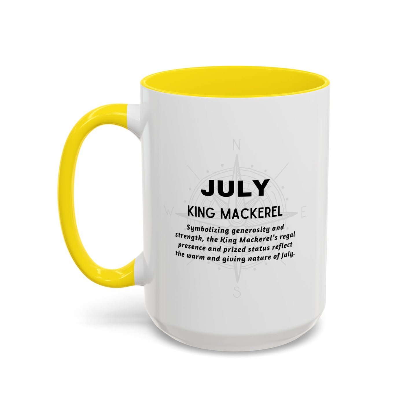 July King Mackerel white coffee mug with yellow handle and interior, featuring text about the King Mackerel.