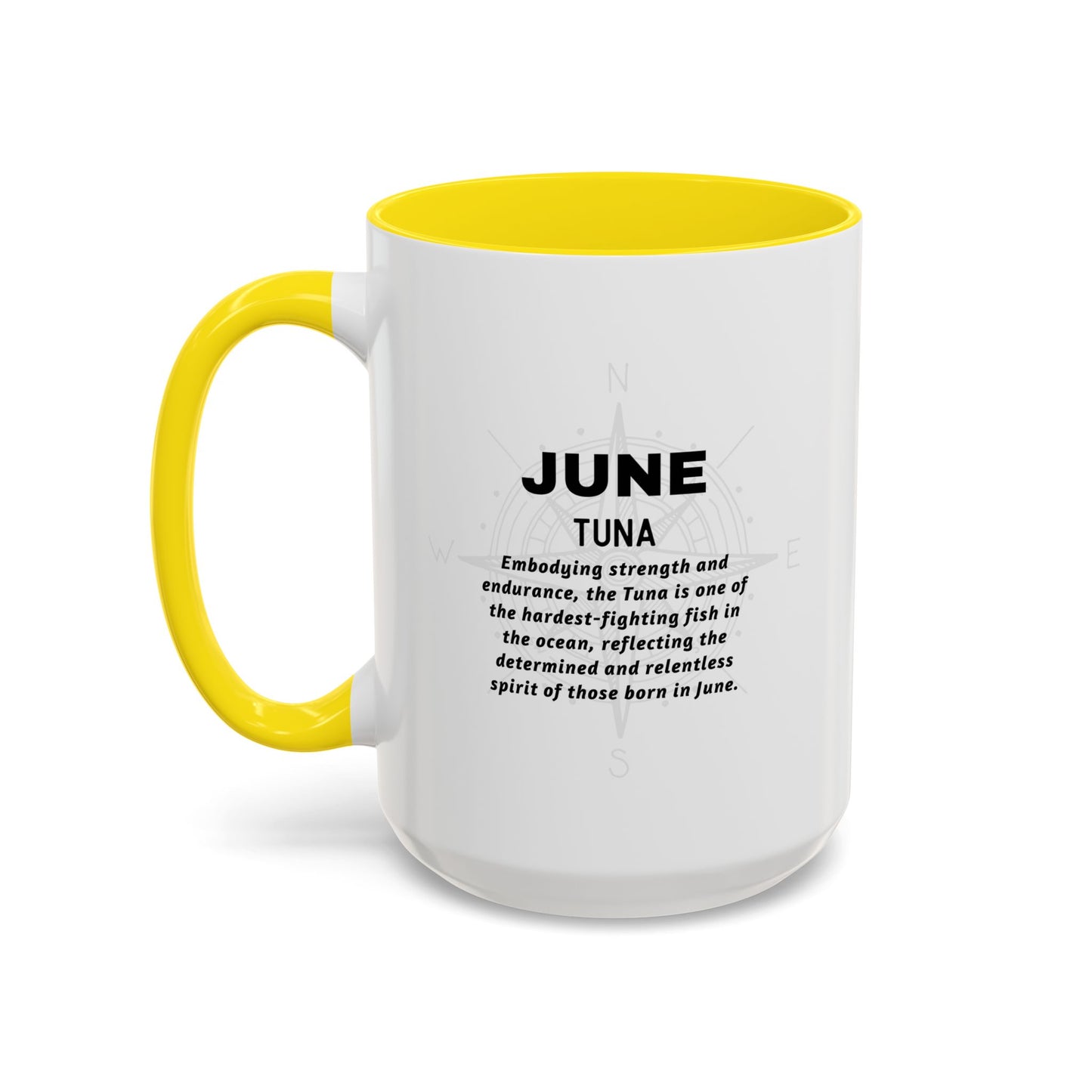 White birth month coffee mug with yellow handle and interior, featuring design of June Tuna.