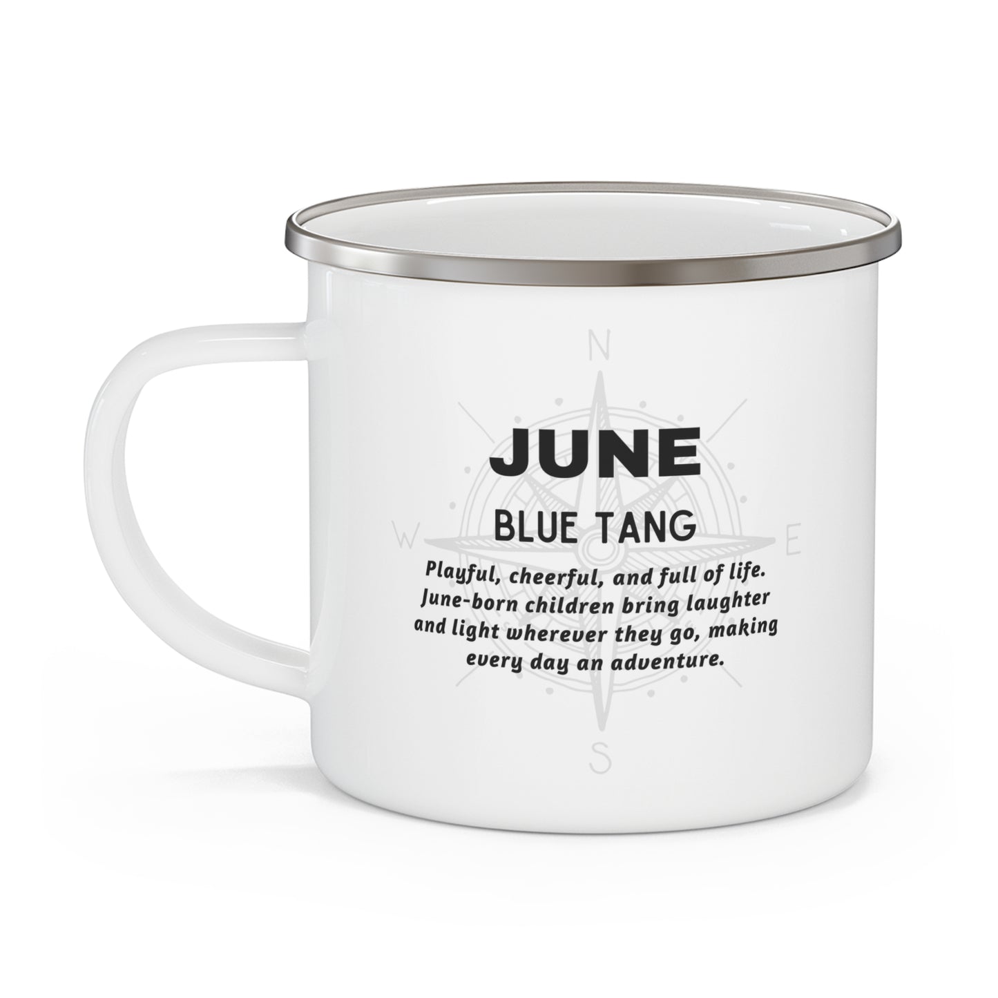 Kids birth month camping mug for June with playful cheerful message and metal rim