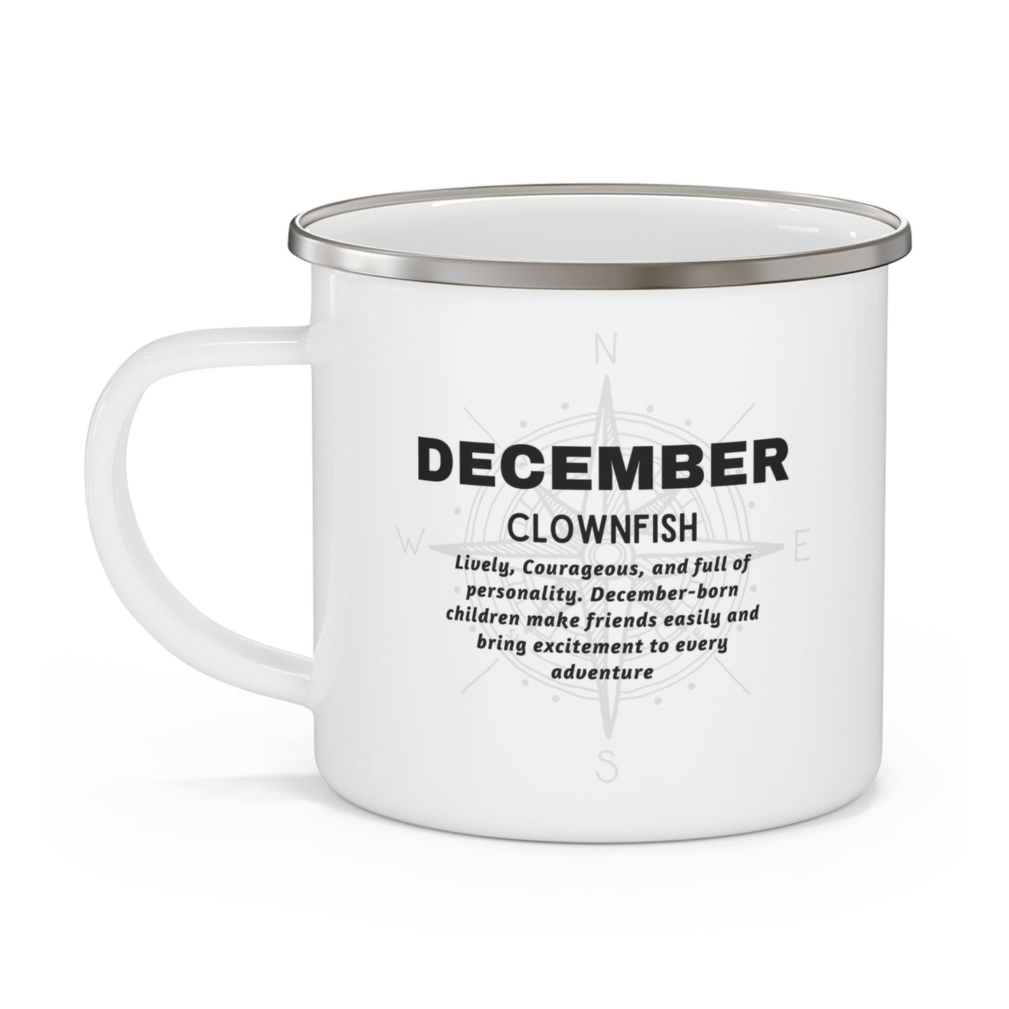 Kids birth month camping mug December clownfish design with adventurous personality text