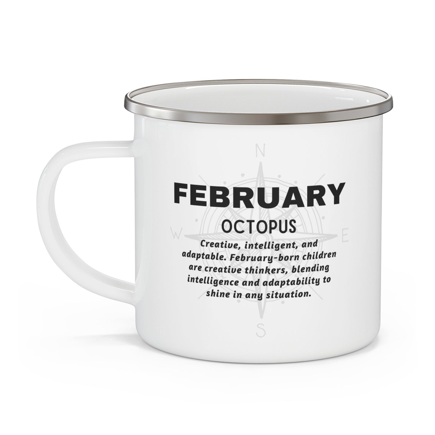 Kids birth month camping mug for February with octopus design and creative traits description