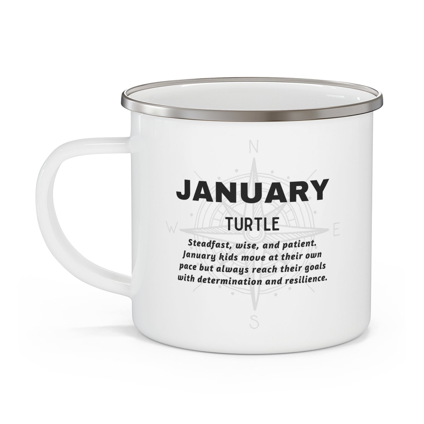Kids birth month camping mug featuring January turtle design with inspiring traits and compass background
