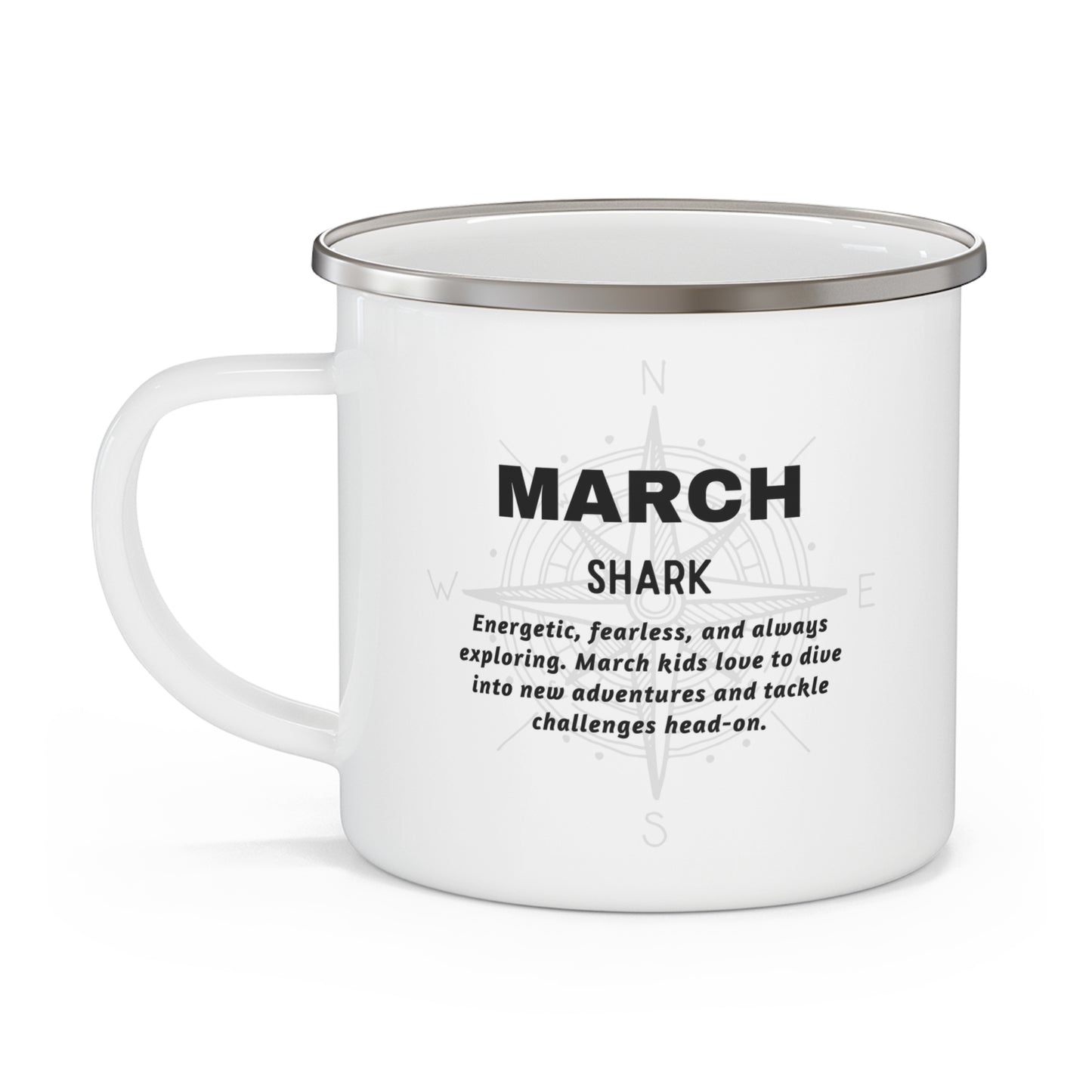 Kids birth month camping mug with March Shark design and adventurous inspirational text