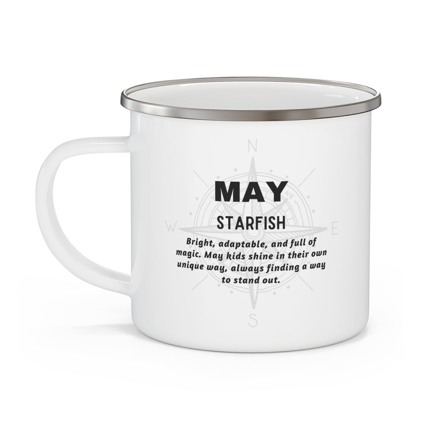 Kids birth month camping mug for May with starfish design and motivational quote