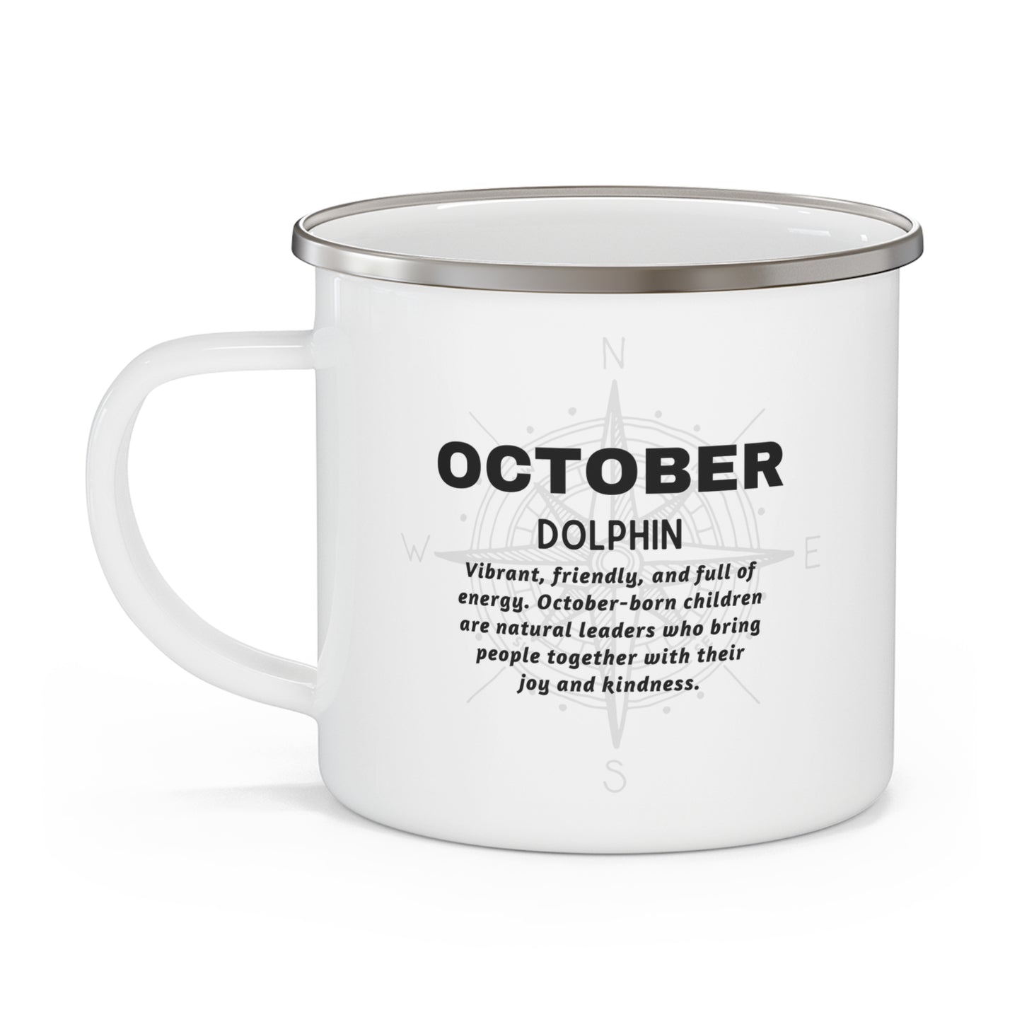 Kids birth month camping mug October dolphin design with inspirational text and compass graphic
