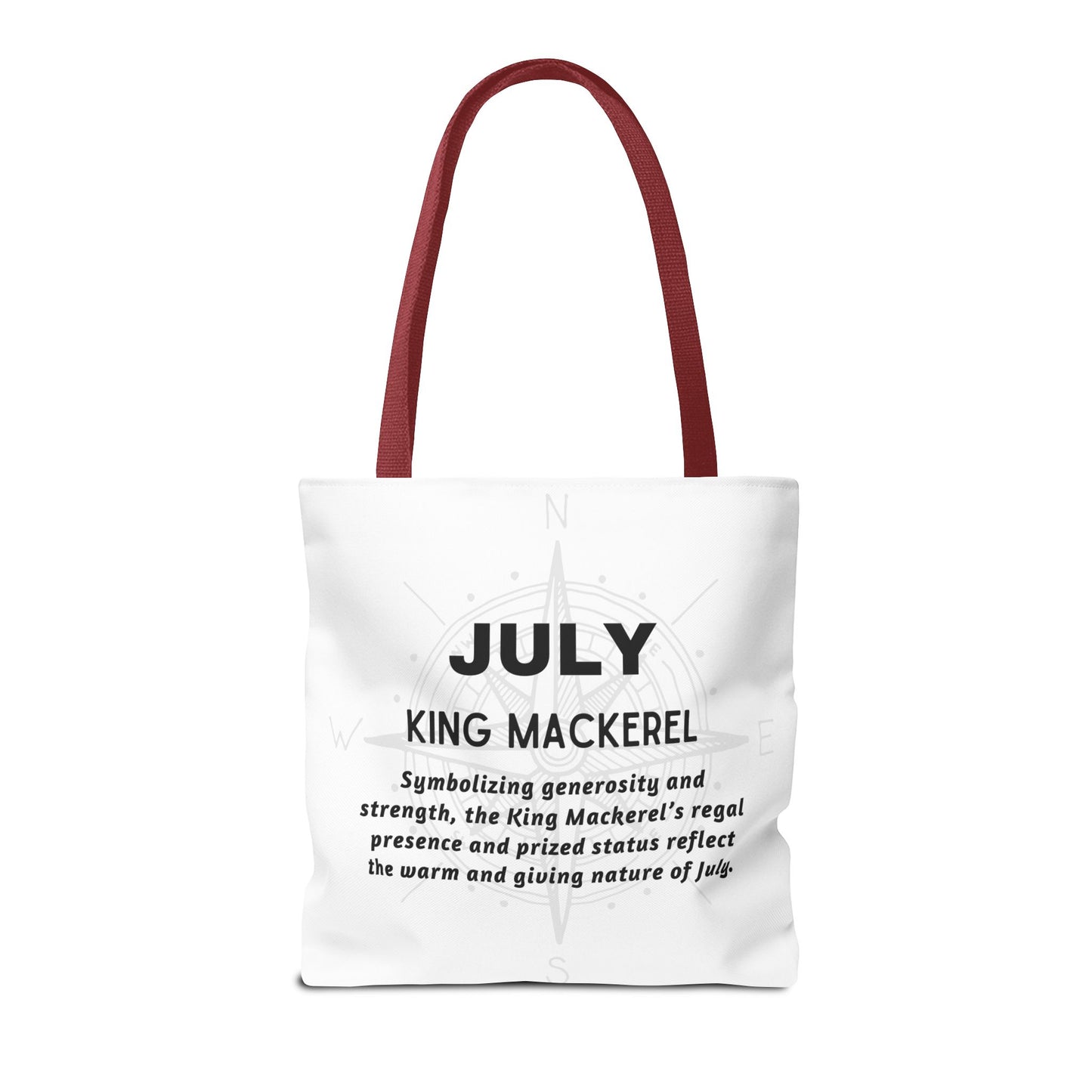 July birth month beach tote with King Mackerel design and red handles