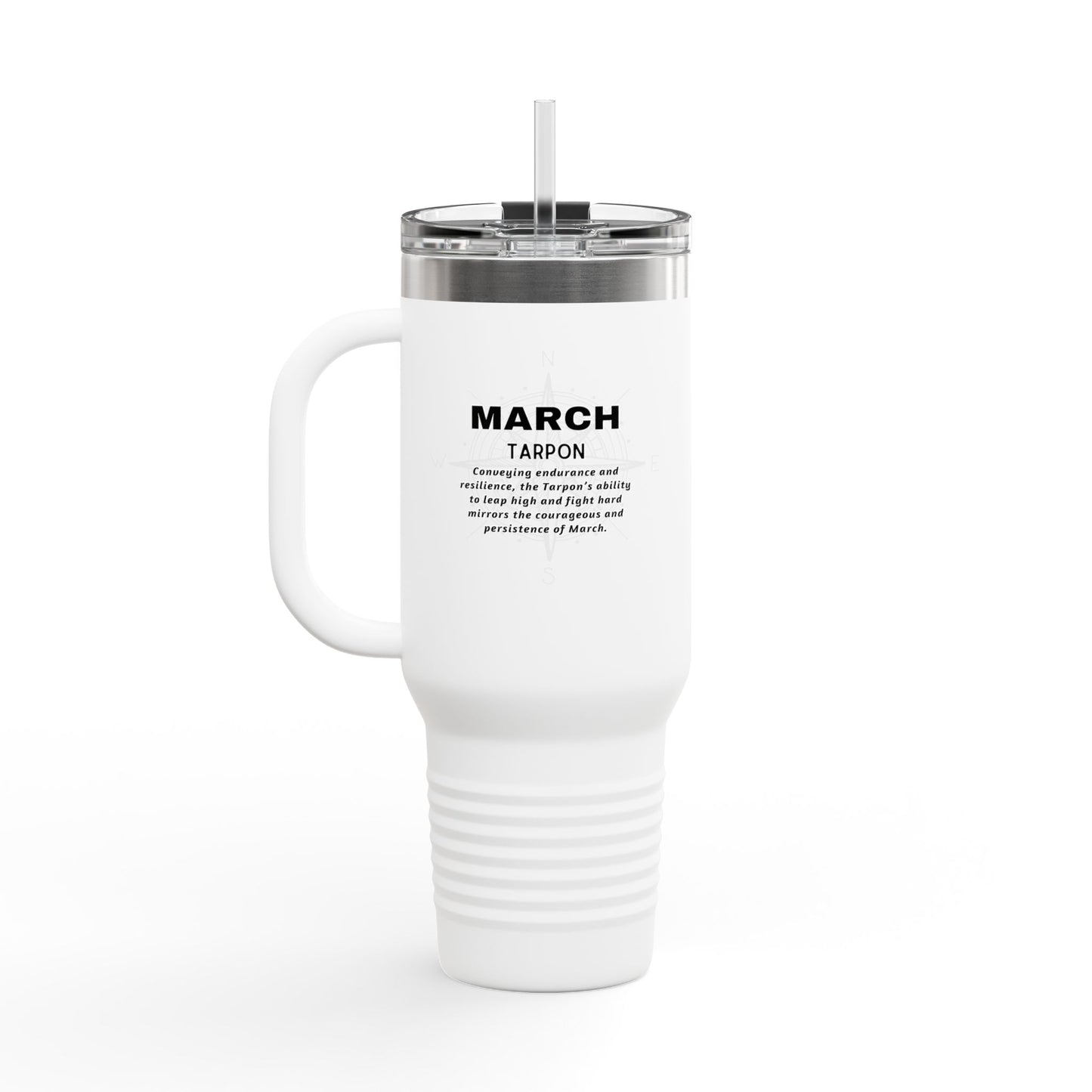 White birth month travel mug for March with handle and clear lid straw