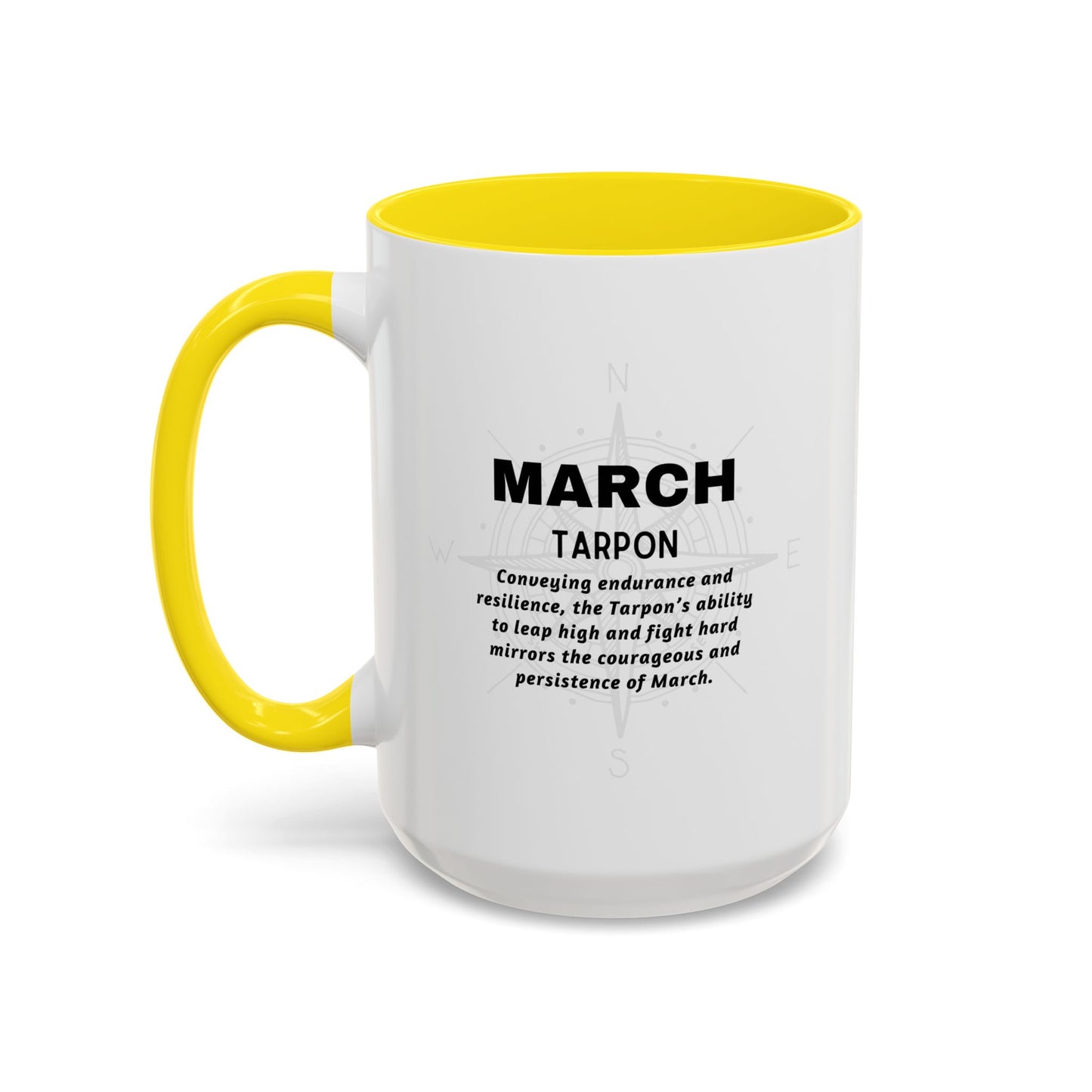 White mug with yellow handle and interior, featuring text about March Tarpon.