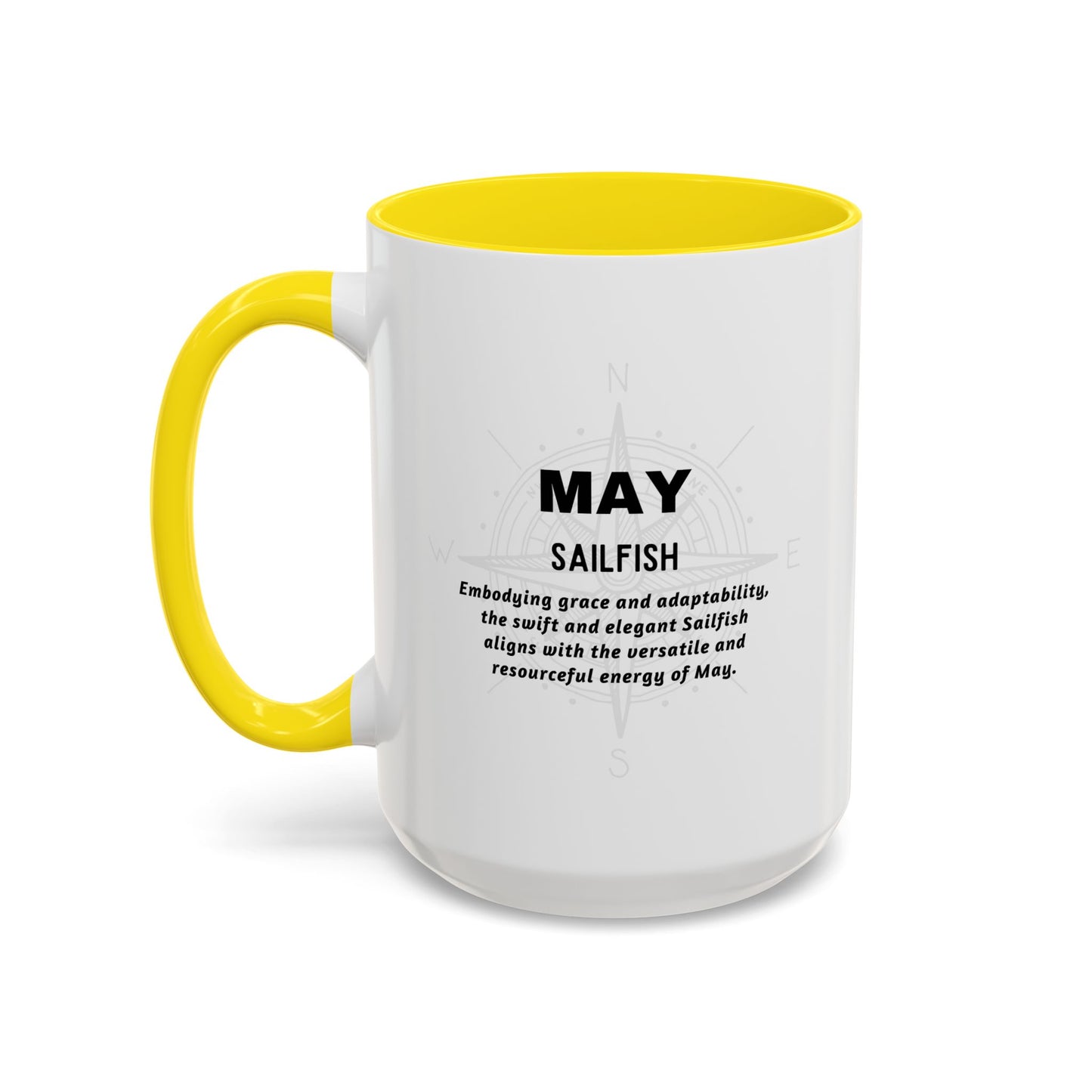 May Sailfish white coffee mug with yellow handle and interior, featuring text about the May sailfish.