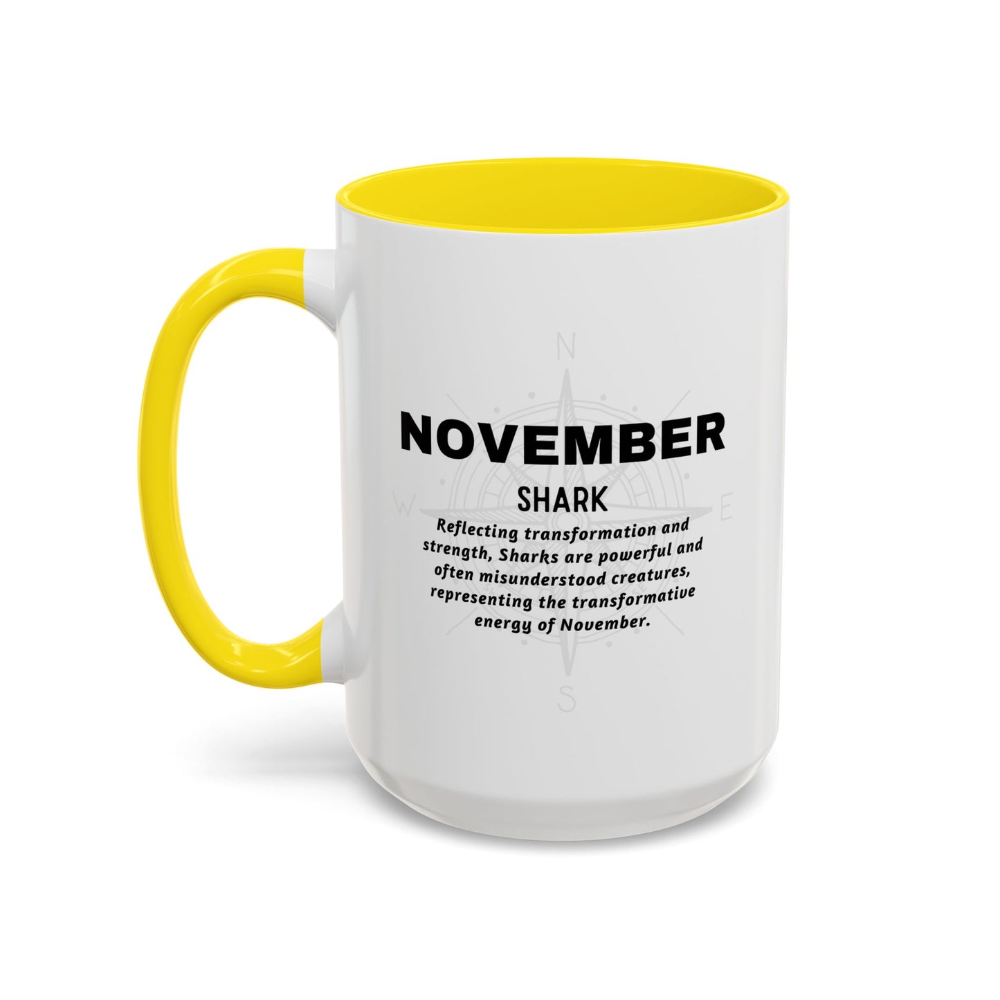 Birth Month White Coffee mug with yellow handle and interior, featuring text about 'November Shark'.