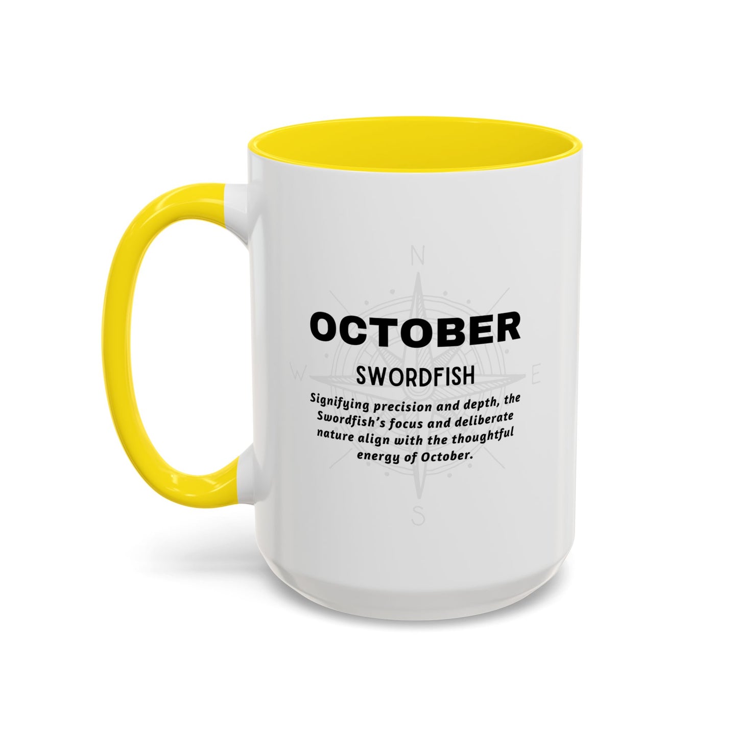 White birth month coffee mug with yellow handle and interior, featuring text about 'October Swordfish'.