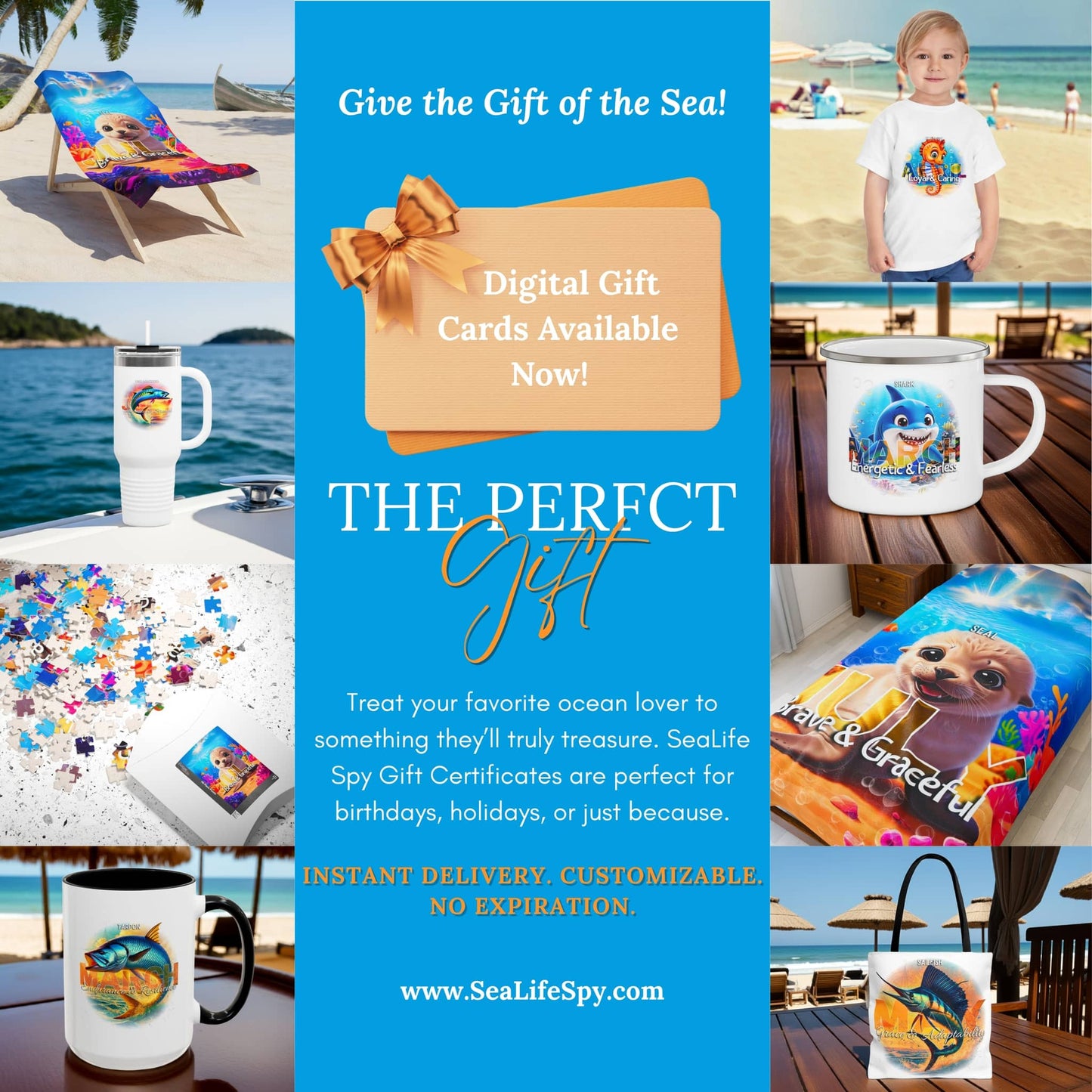 SeaLife Spy digital gift card promotion featuring ocean-themed mugs, towels, and a child on the beach with gift card text