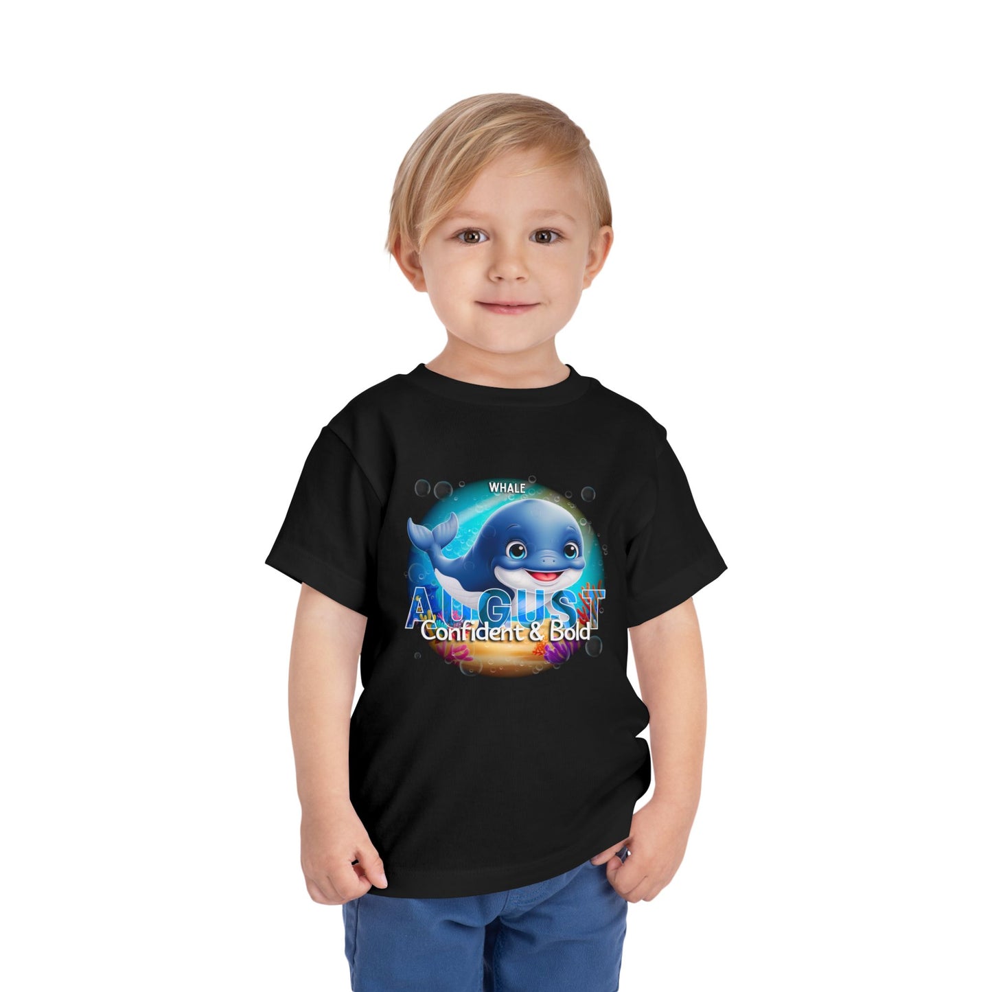 Toddler wearing black kids birth month tshirt featuring a cute whale and August design