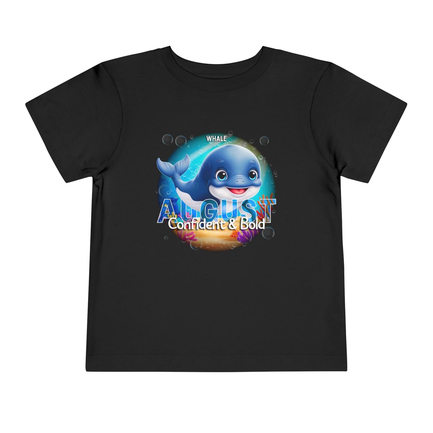 Kids birth month tshirt with blue whale and August design on black fabric