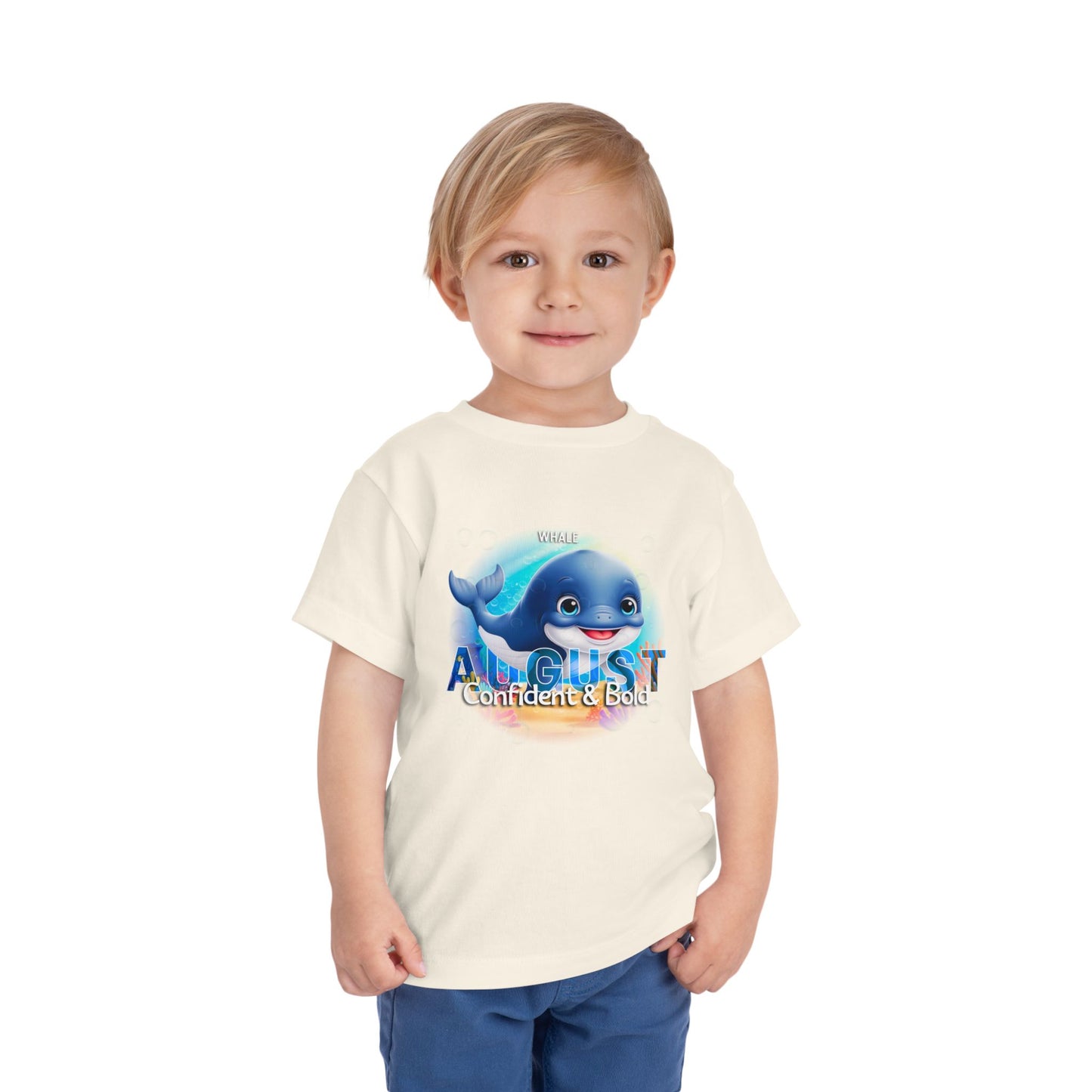 Kids birth month tshirt featuring August design with a cute blue whale on a toddler