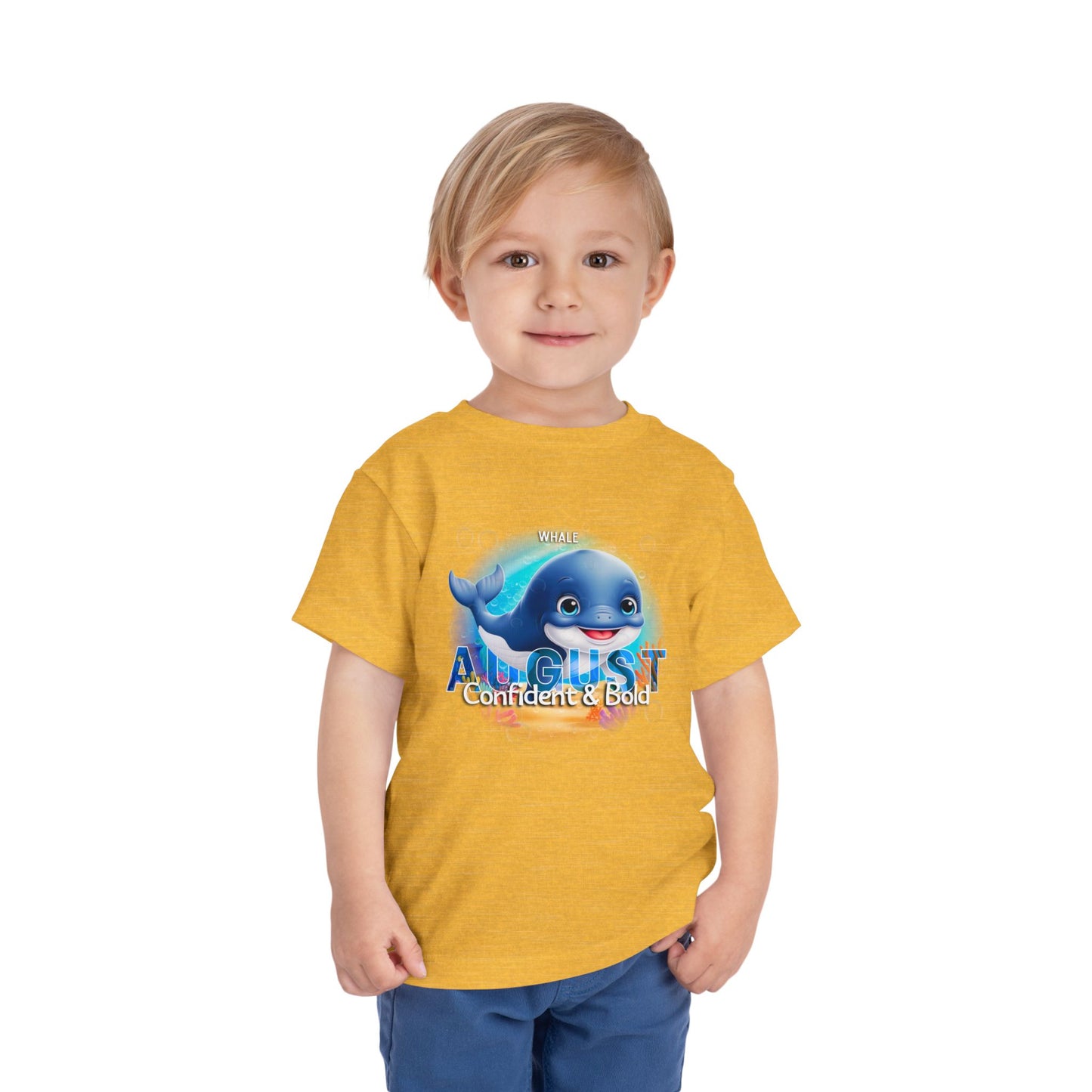 Kids birth month tshirt August with blue whale design in yellow from kids clothes