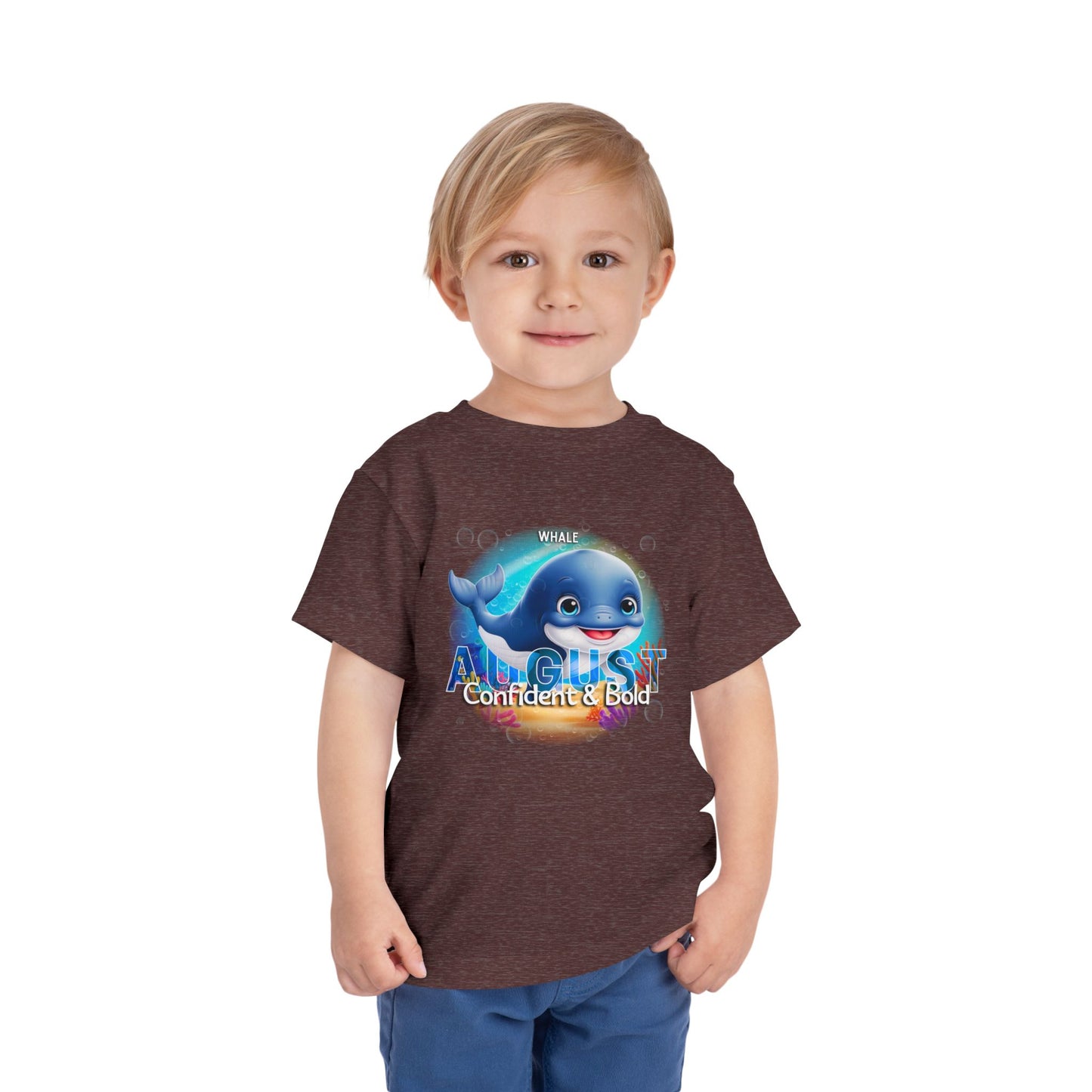 Toddler wearing a  kids birth month tshirt with August whale design and confident bold text
