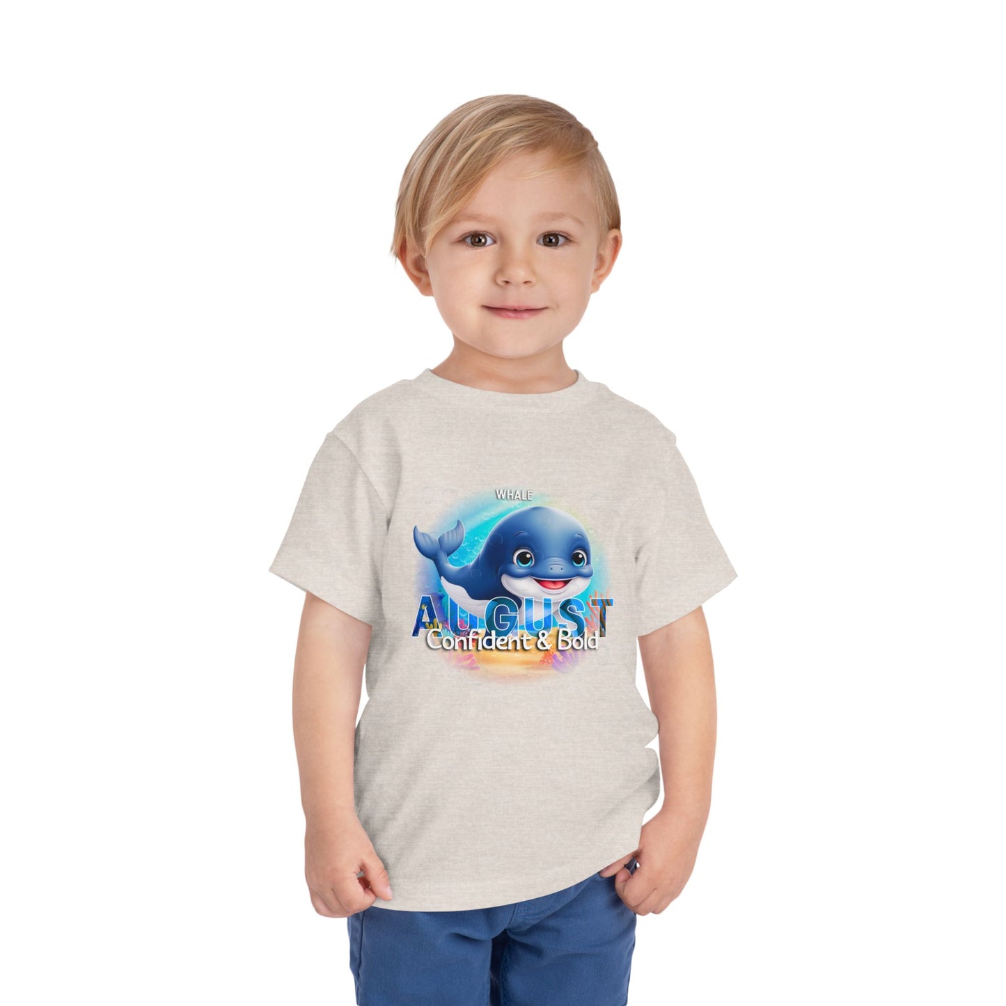 Toddler wearing kids birth month tshirt with August design and blue whale graphic
