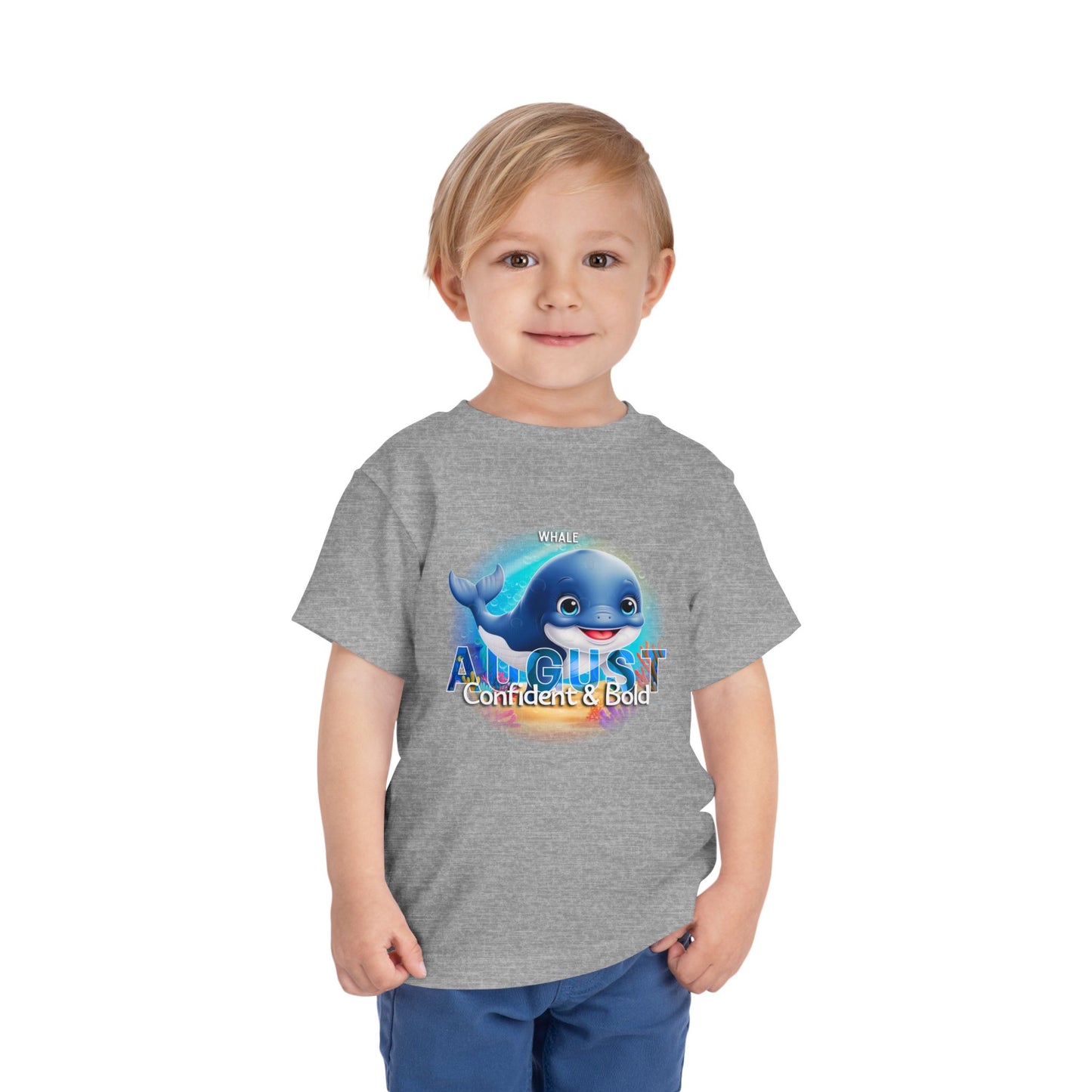 Kids birth month tshirt with August design featuring a blue whale and confident bold text
