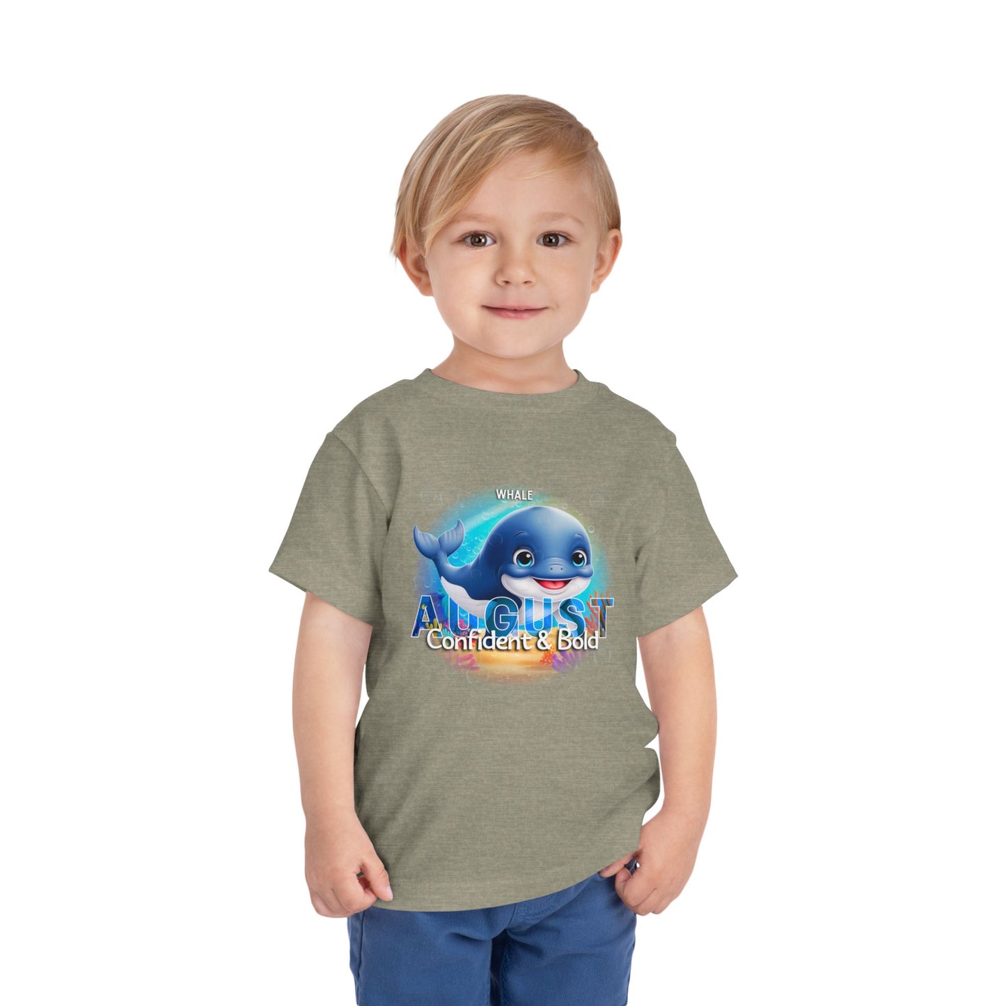 Kids birth month tshirt with August whale design worn by young boy