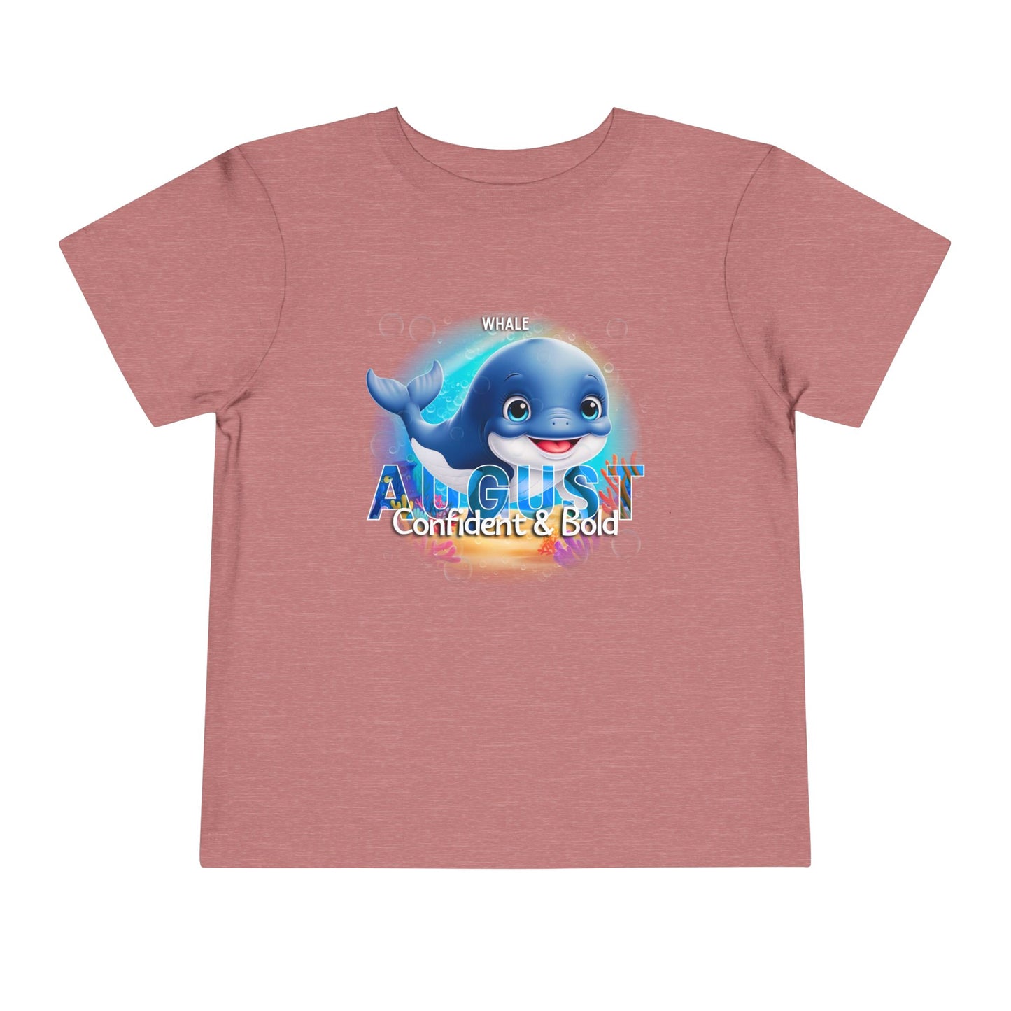 Kids birth month tshirt for August with a cute blue whale design and confident bold text