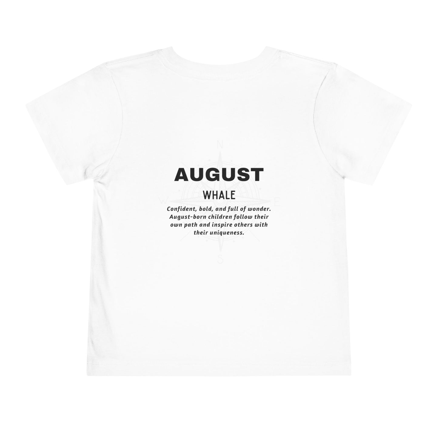 White kids birth month tshirt with August whale design and inspirational text