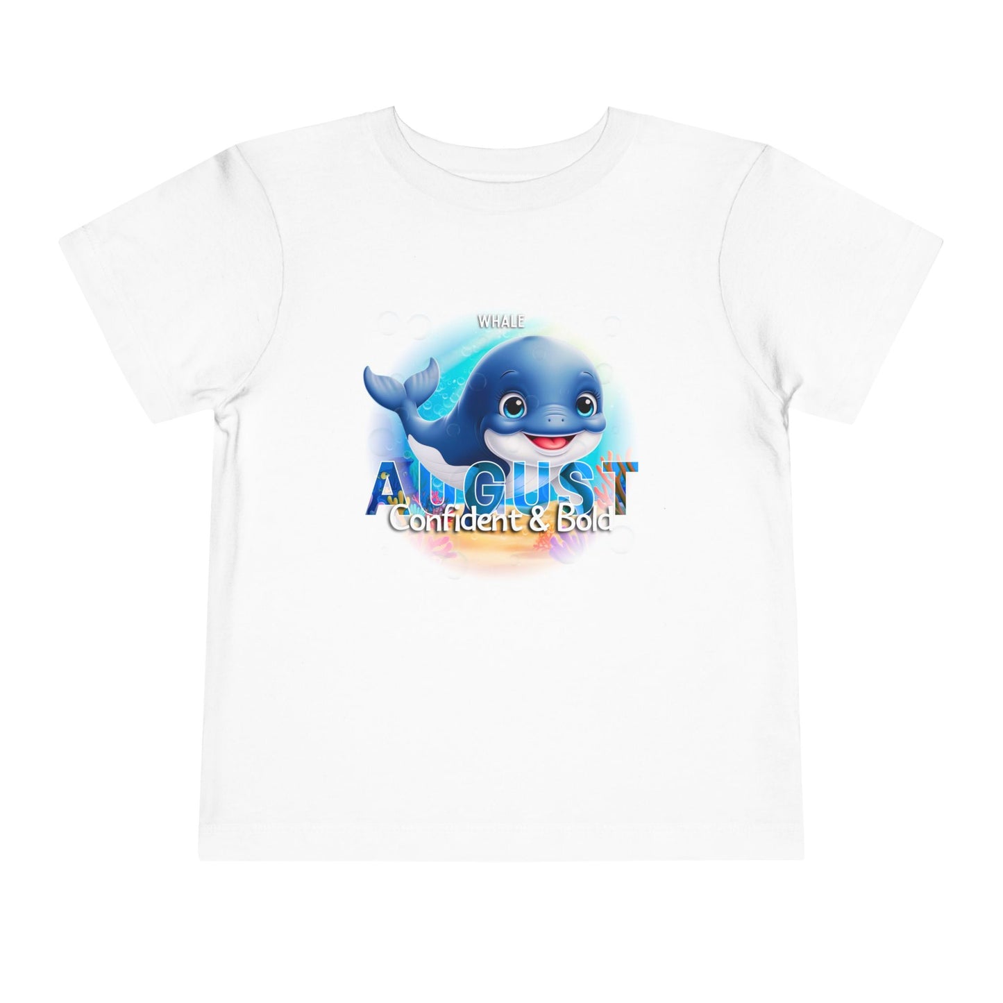 White kids birth month tshirt with cute blue whale and August text confident and bold design