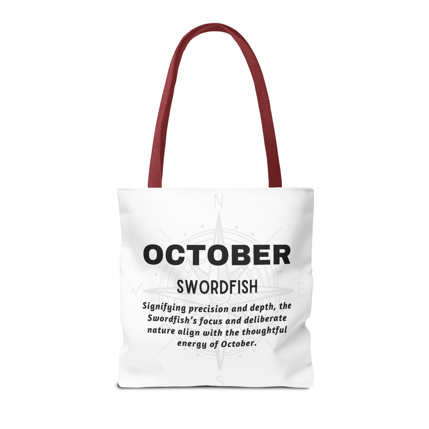 October birth month beach tote with swordfish design and red handles