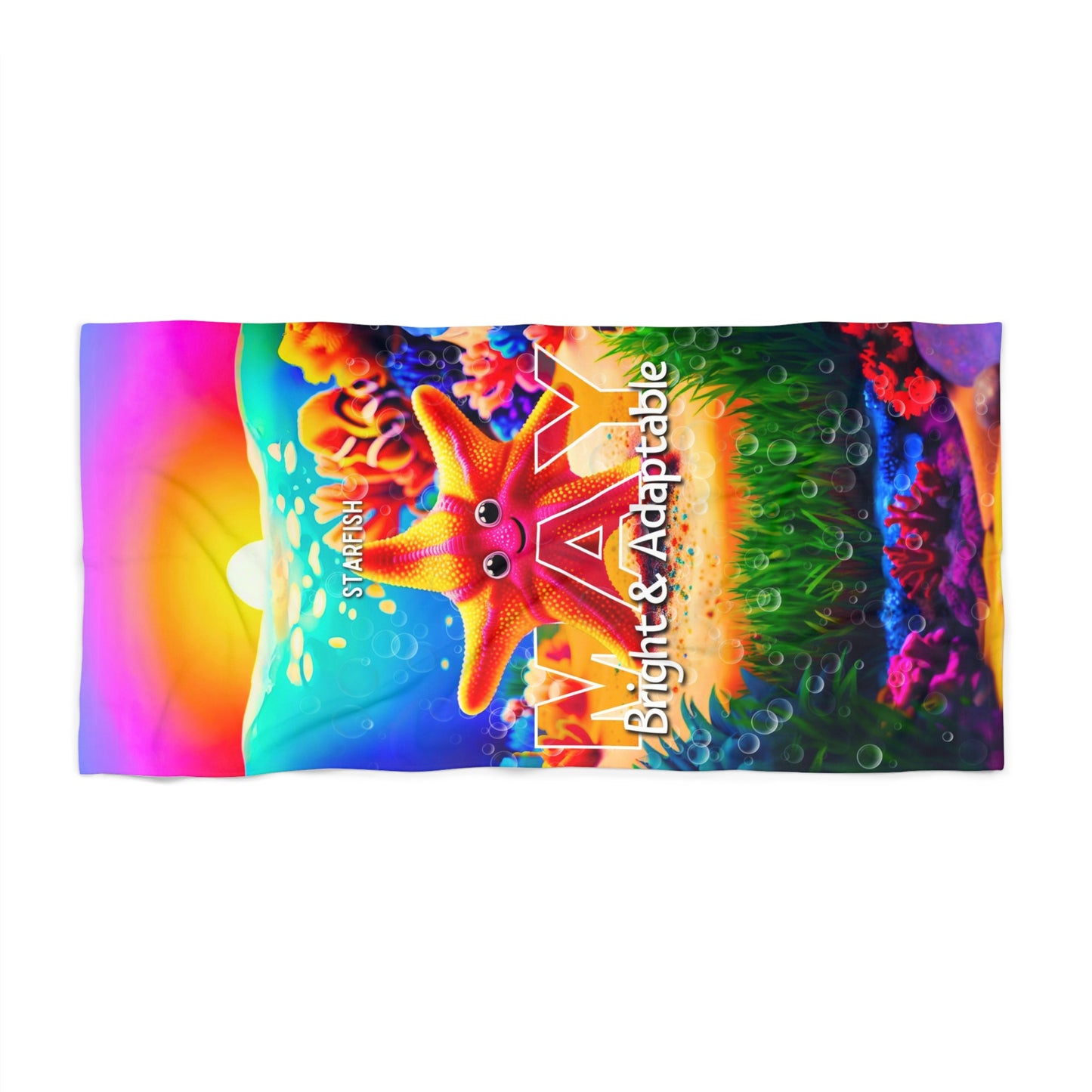Colorful birth month kids beach towel featuring a bright starfish design from Printify