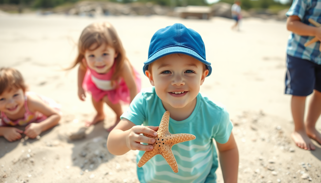 Young boy holding a starfish on the beach showcasing marine life products with children playing in the background