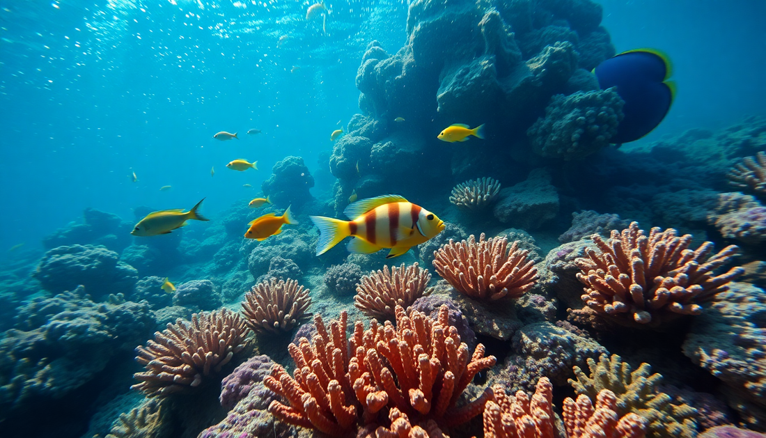 Sea Life Facts: Underwater coral reef scene with colorful fish swimming among vibrant corals in clear blue water
