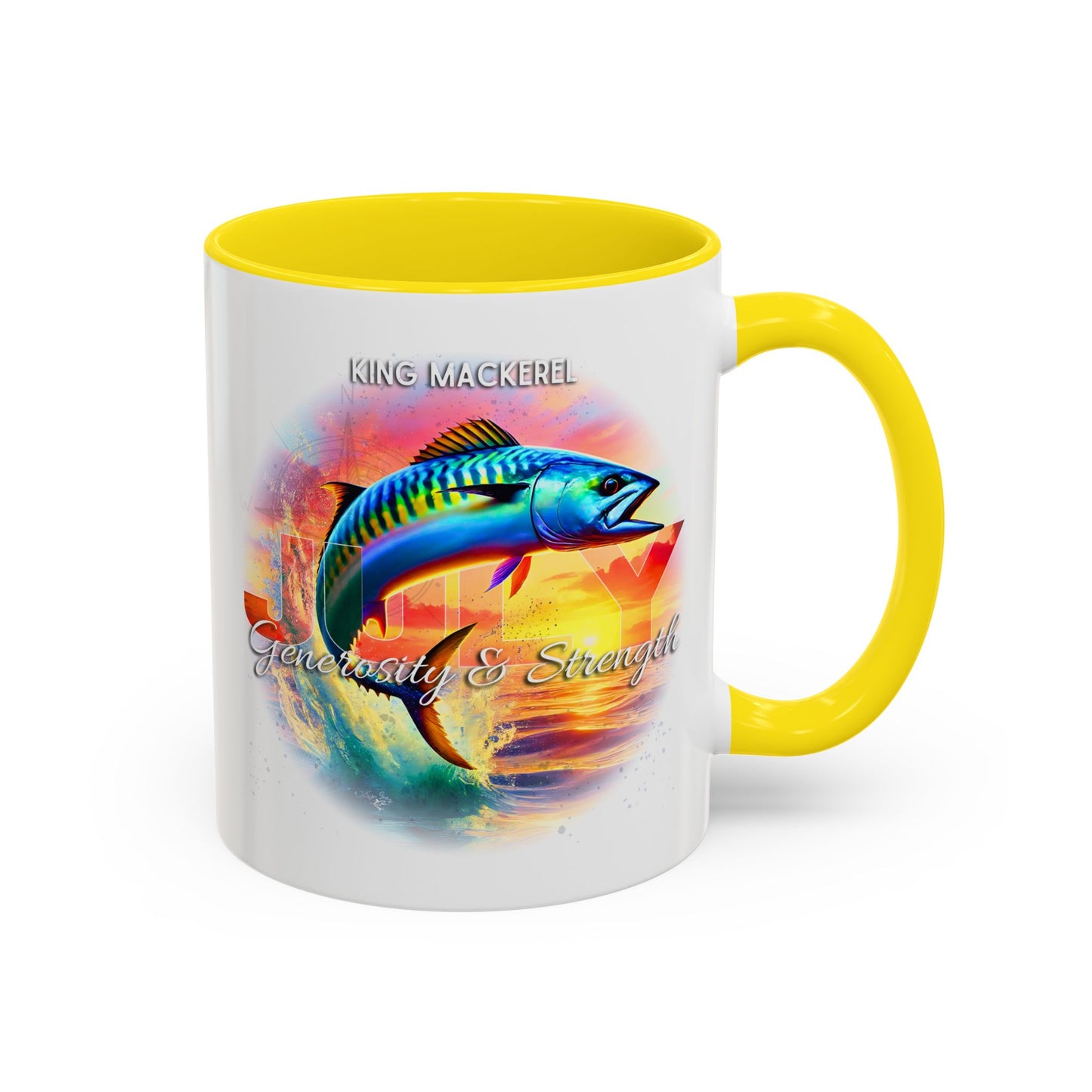 Colorful July King Mackerel Birth Month Accent Coffee Mug with Colored Handle