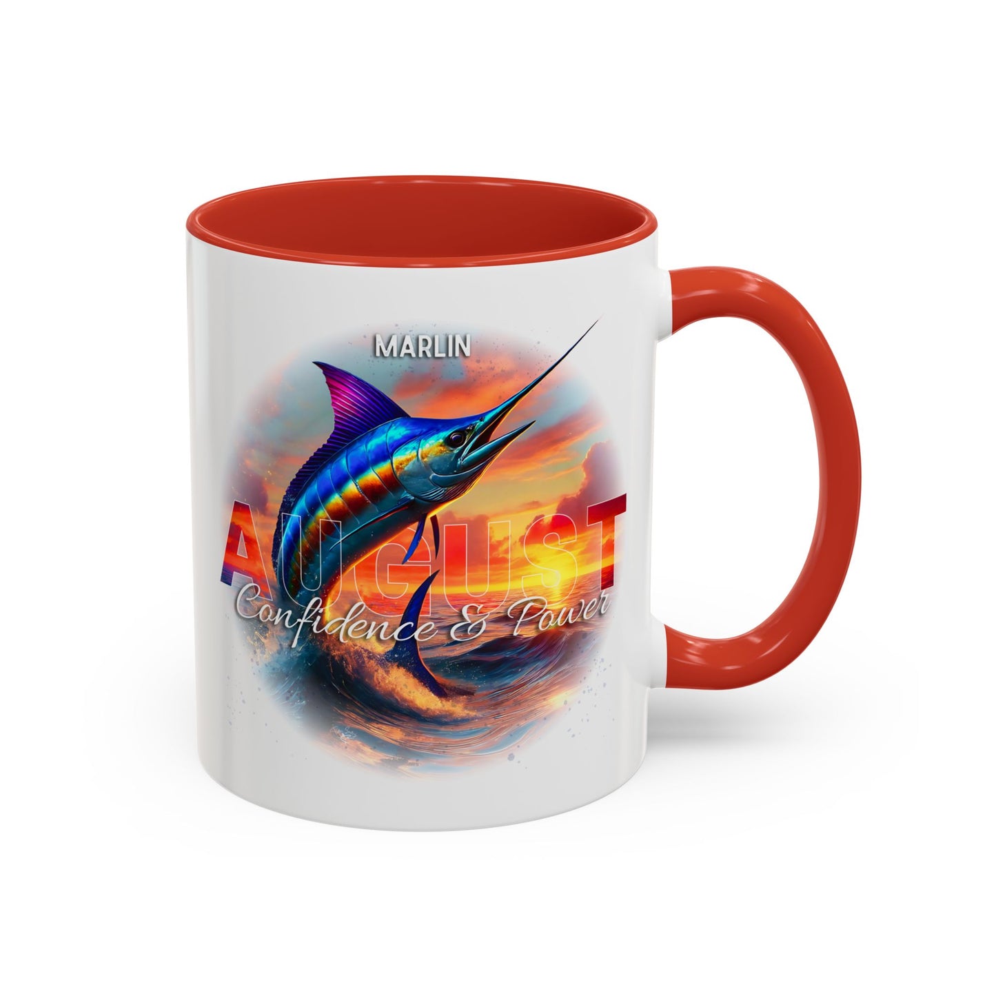 Colorful August Marlin Birth Month Accent Coffee Mug with Colored Handle