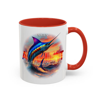 Colorful August Marlin Birth Month Accent Coffee Mug with Colored Handle