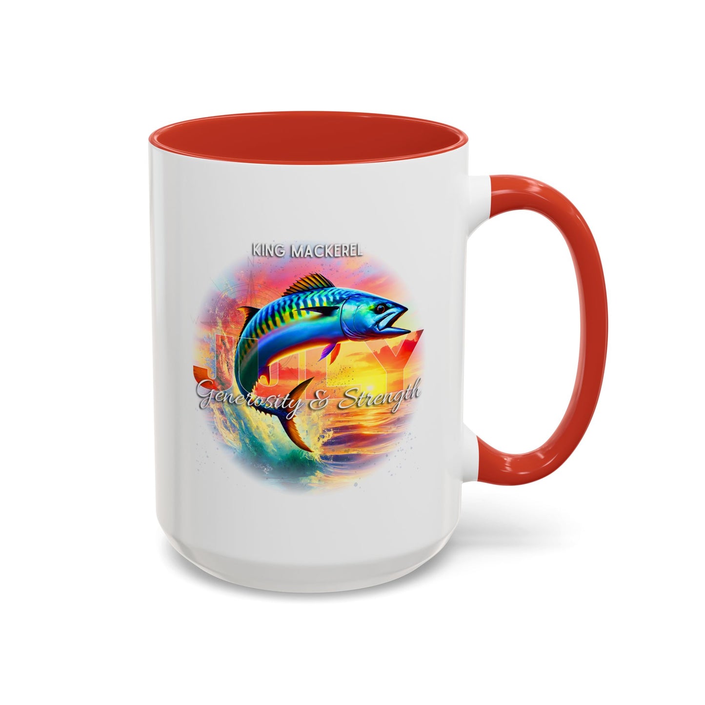 Colorful July King Mackerel Birth Month Accent Coffee Mug with Colored Handle