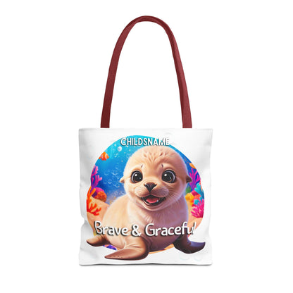 Personalized Kids Seal Beach Tote Bag – Brave & Graceful – Custom Sea Life Bag with Name