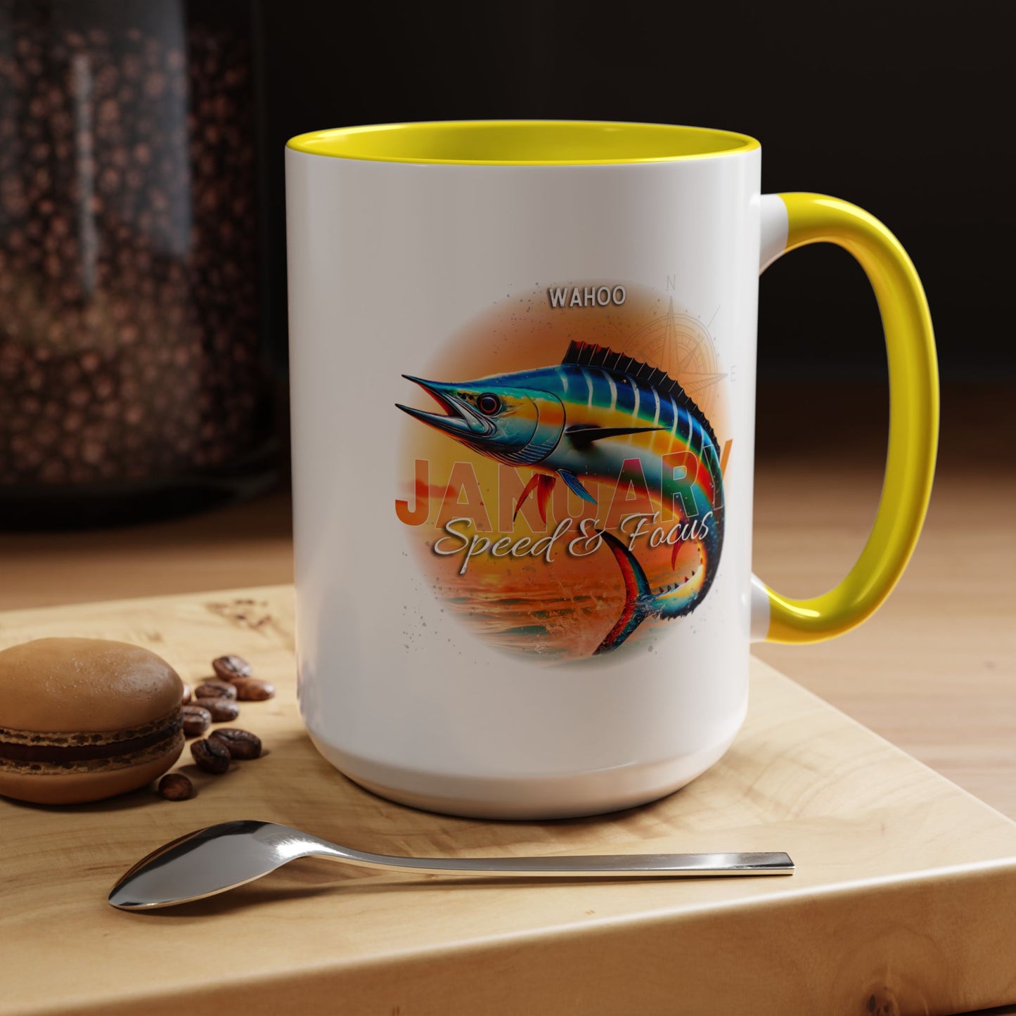 Colorful January Wahoo Birth Month Accent Coffee Mug with Colored Handle