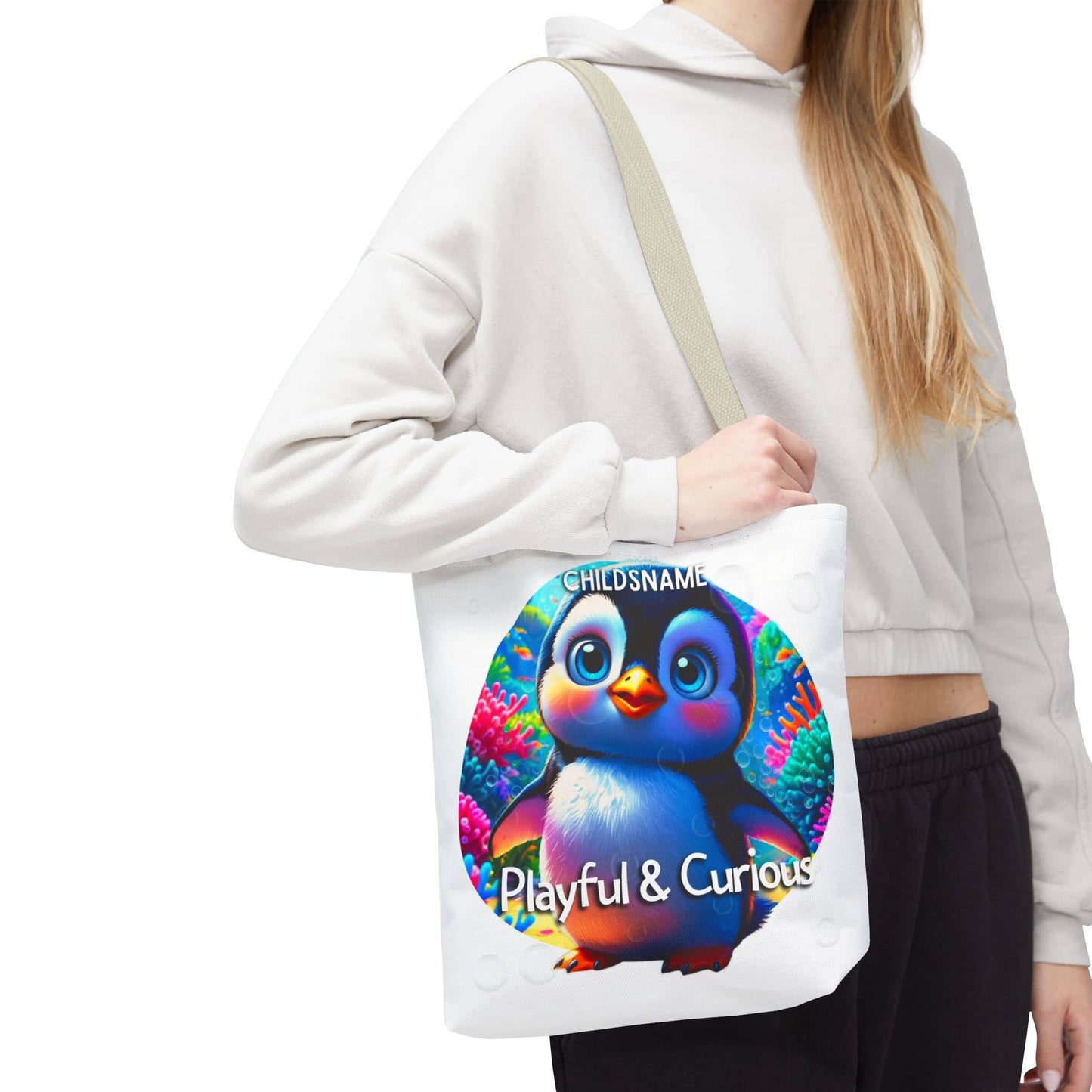 Personalized Kids Penguin Beach Tote Bag Playful & Curious