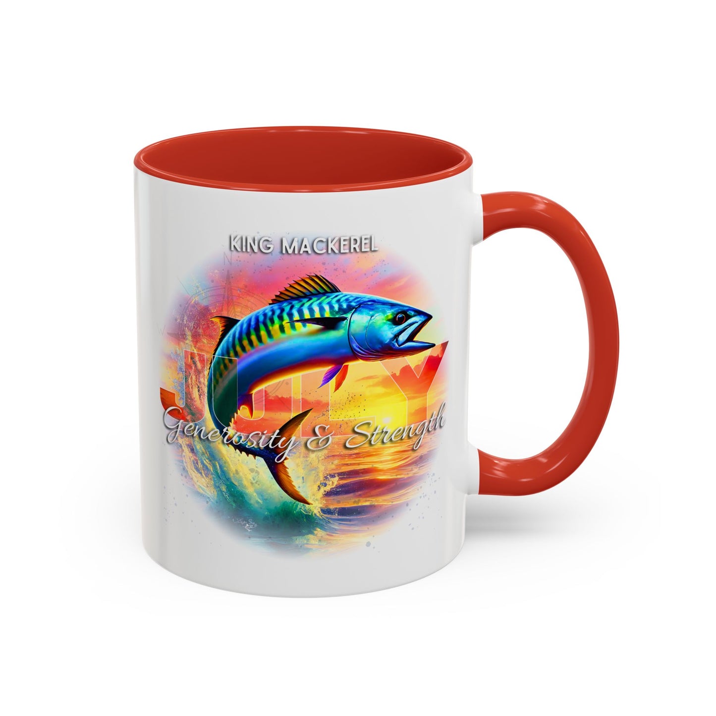 Colorful July King Mackerel Birth Month Accent Coffee Mug with Colored Handle