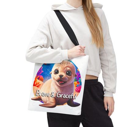 Personalized Kids Seal Beach Tote Bag – Brave & Graceful – Custom Sea Life Bag with Name