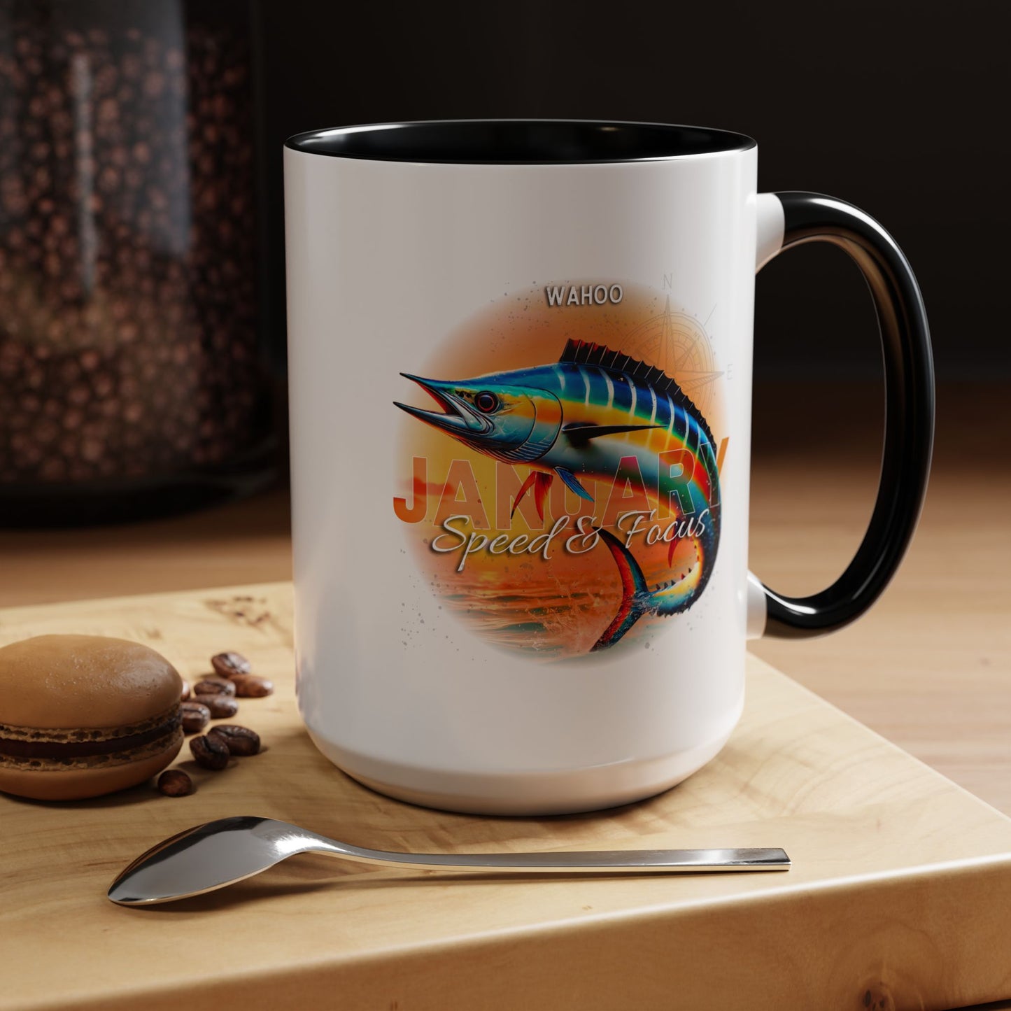 Colorful January Wahoo Birth Month Accent Coffee Mug with Colored Handle