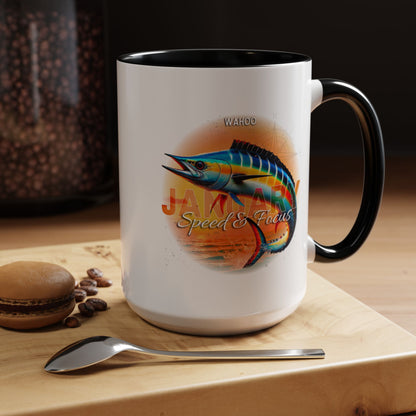 Colorful January Wahoo Birth Month Accent Coffee Mug with Colored Handle