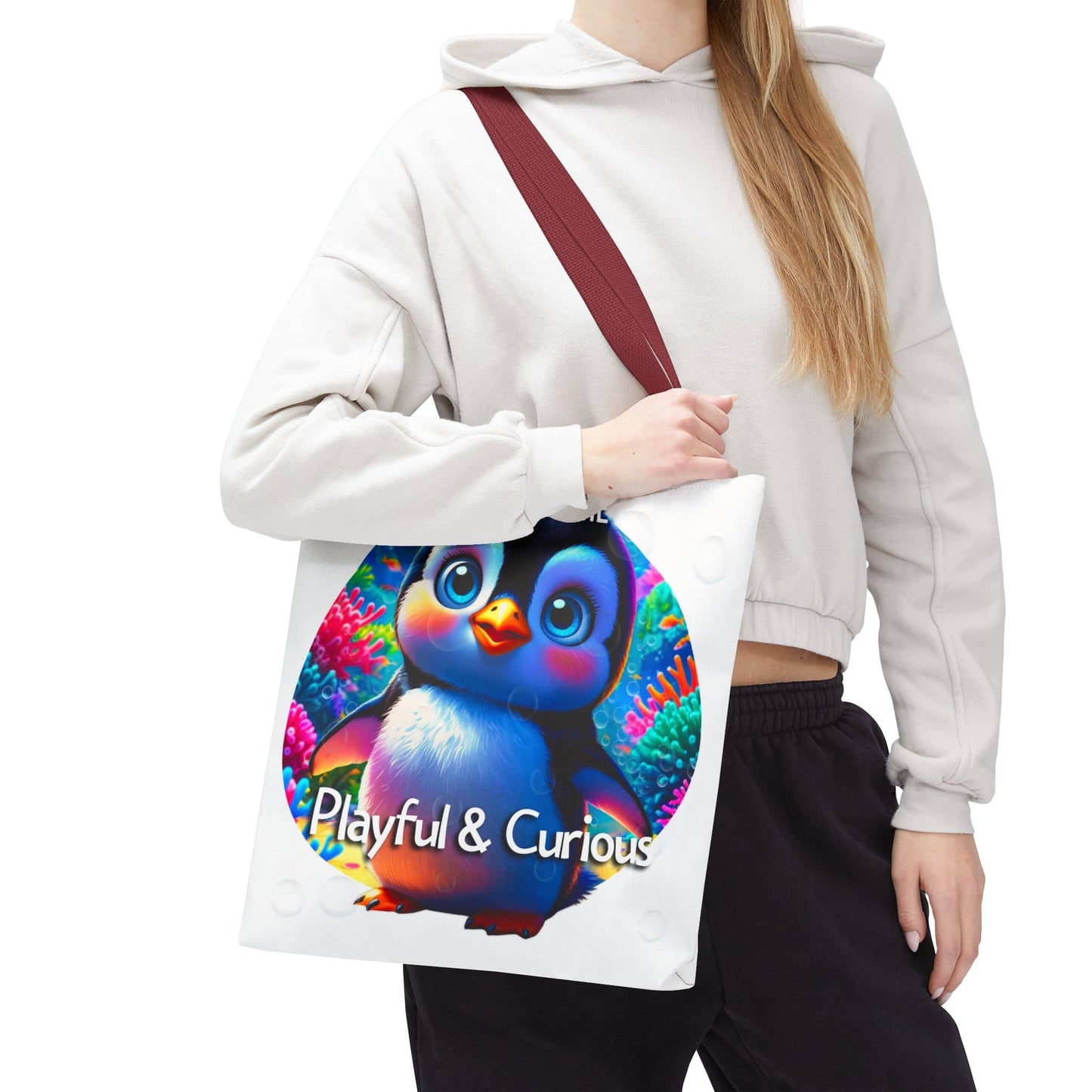 Personalized Kids Penguin Beach Tote Bag Playful & Curious