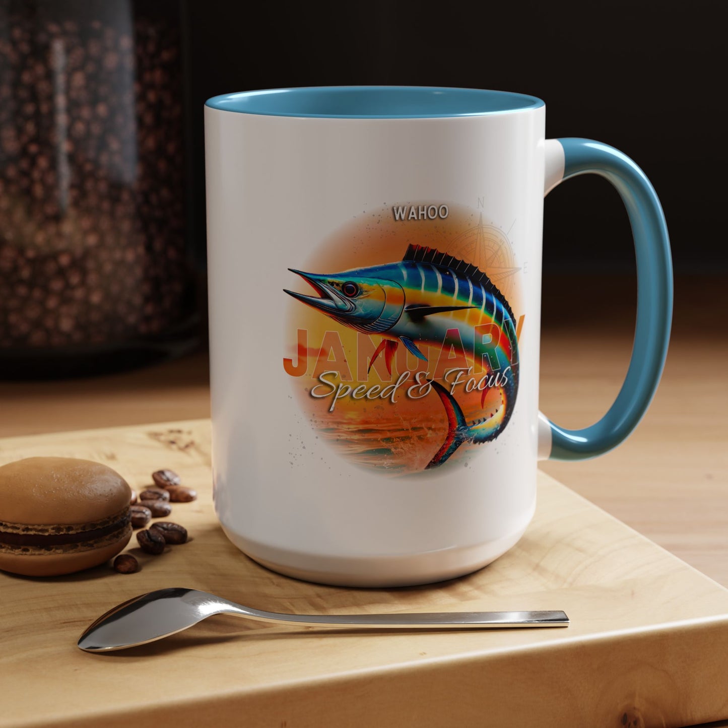 Colorful January Wahoo Birth Month Accent Coffee Mug with Colored Handle