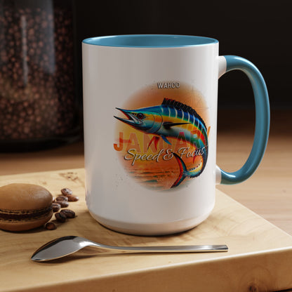 Colorful January Wahoo Birth Month Accent Coffee Mug with Colored Handle
